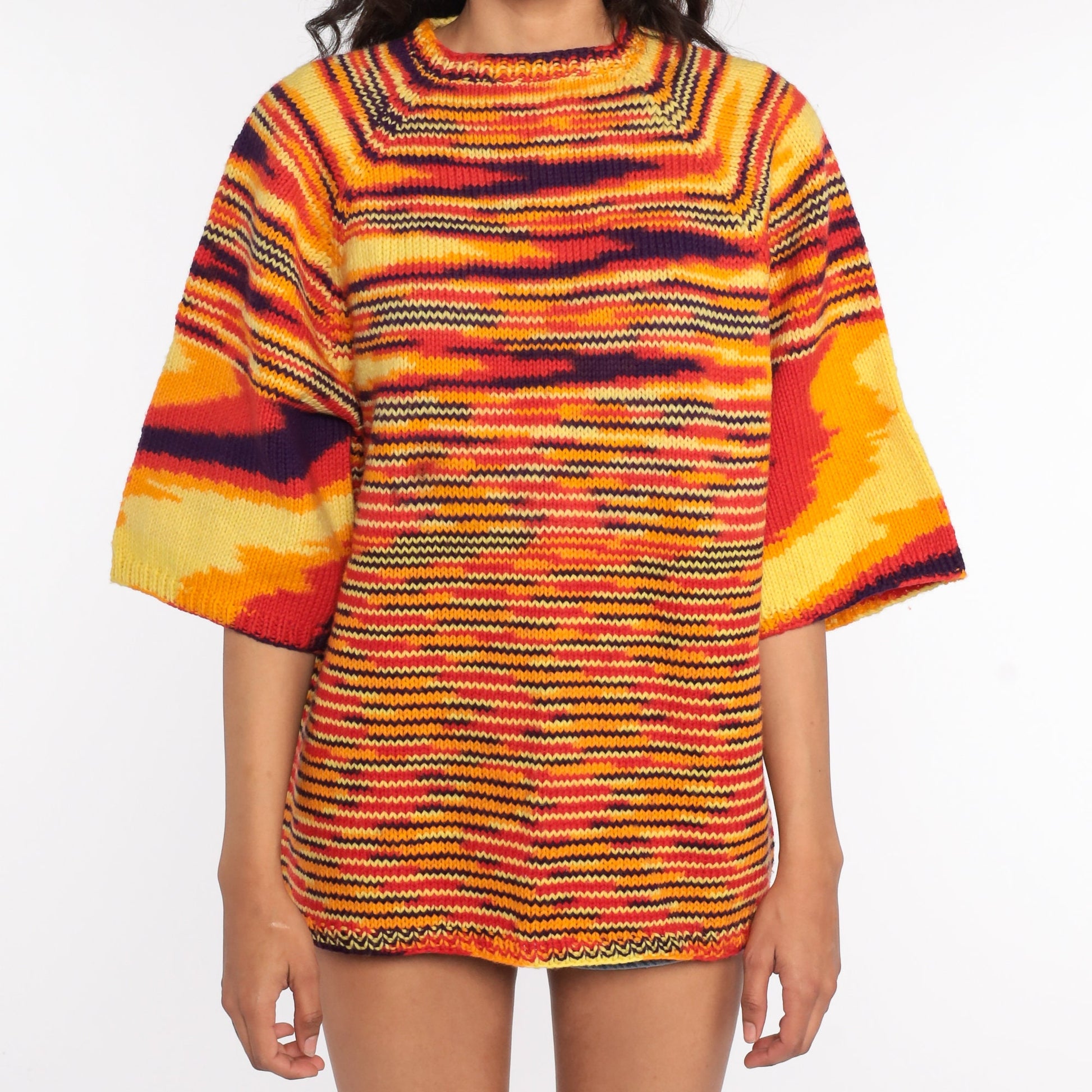 70s Space Dye Knit Sweater Wide Sleeve Pullover Orange Large L