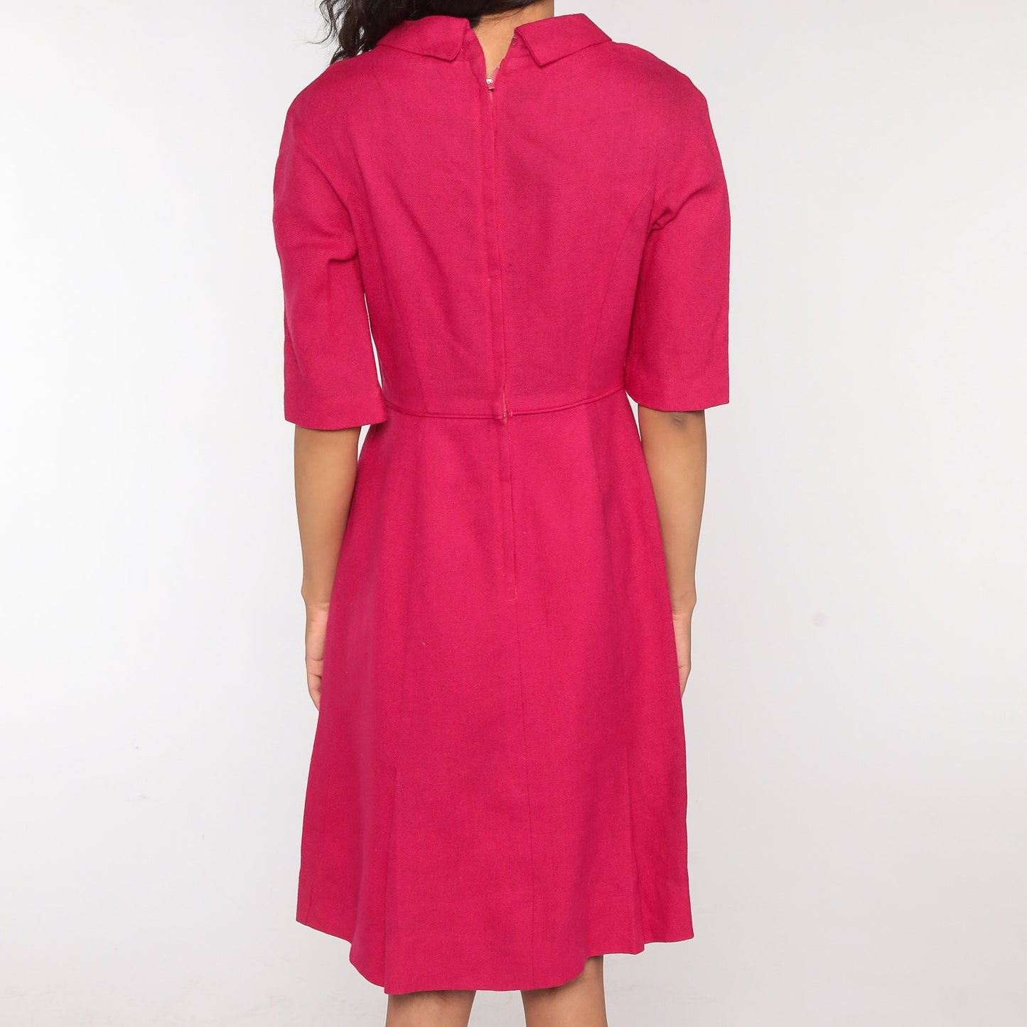 1960s Deep Pink Wool Mini Dress High Waist 3/4 Sleeve Small