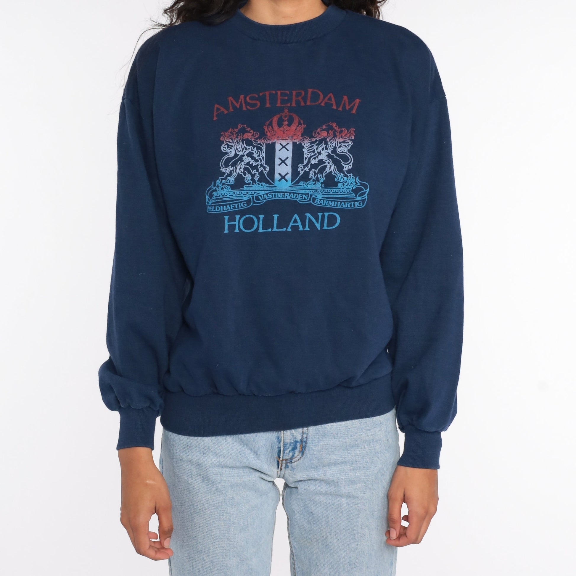 80s Amsterdam Holland Crest Sweatshirt Blue Graphic Crewneck Medium