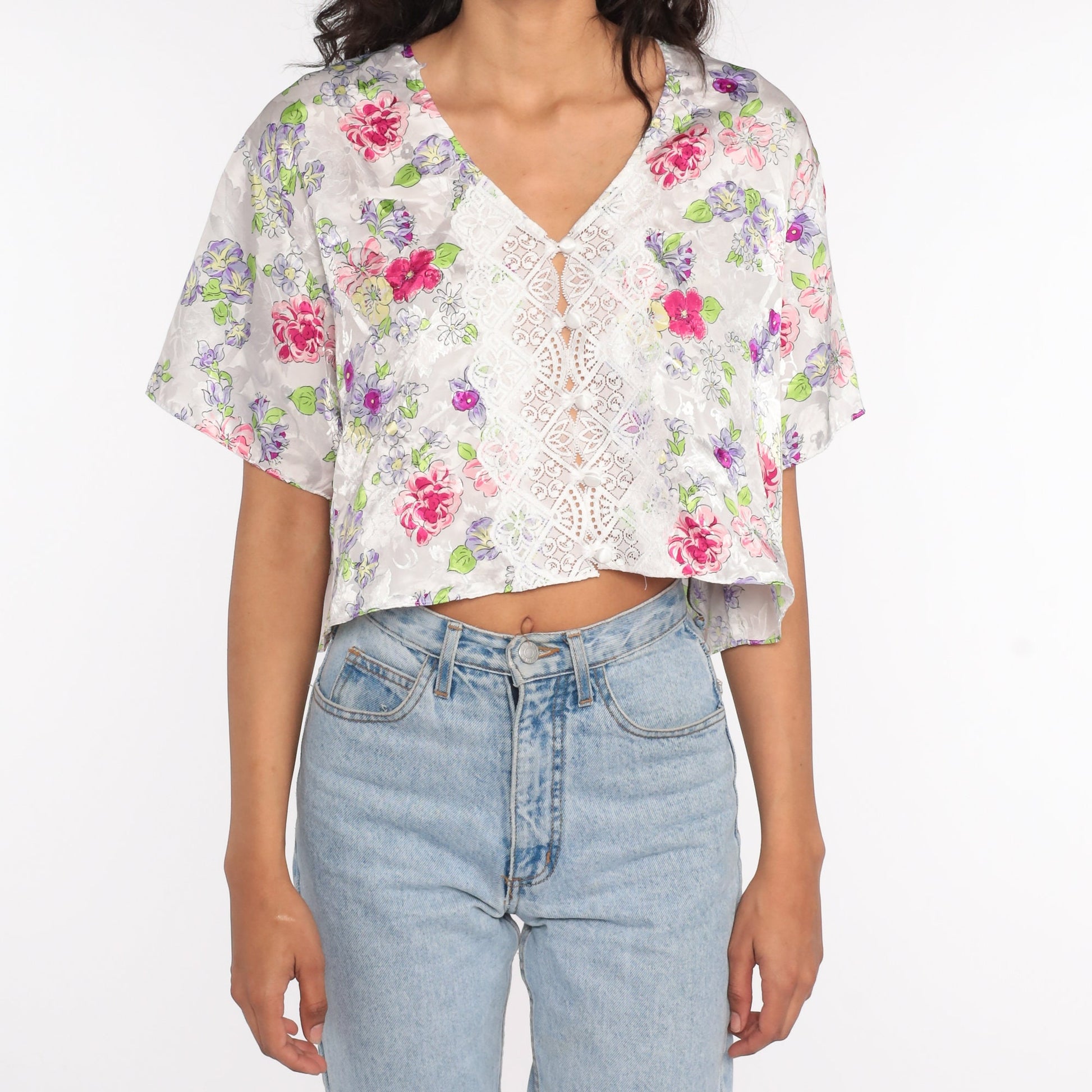 80s Floral Satin Lingerie Pajama Top Lace Crop Button-Up Large