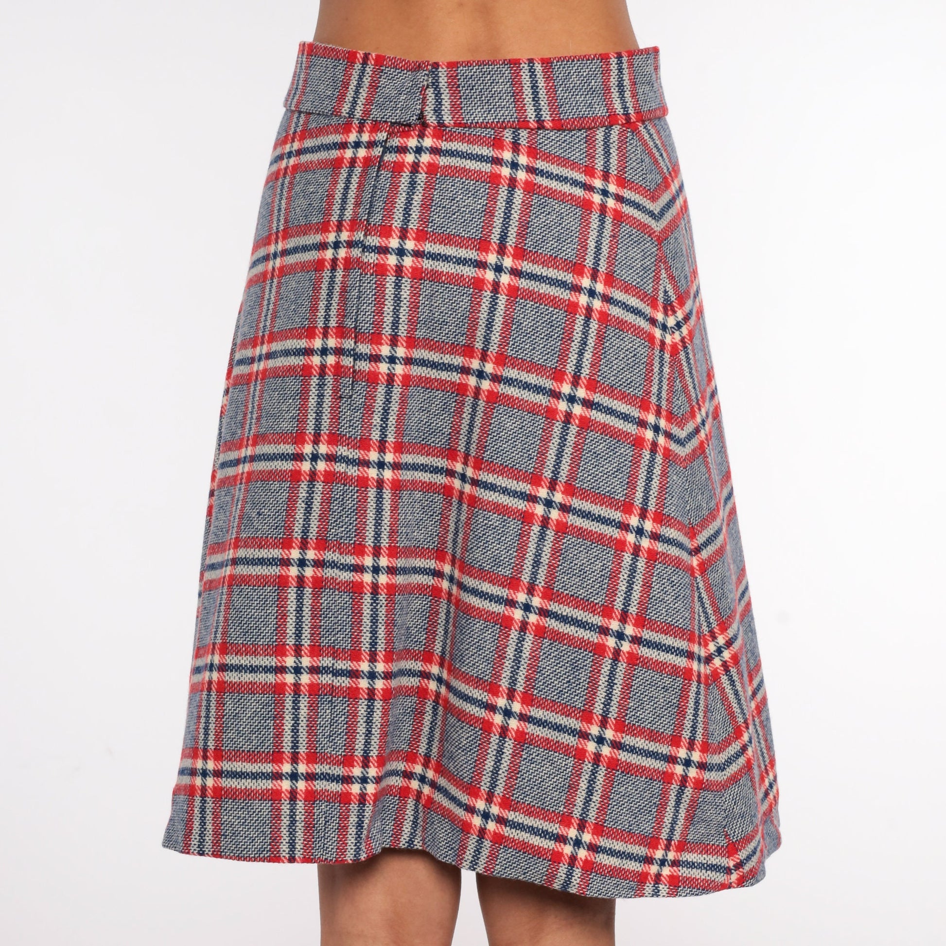 70s Grey Red Checkered Midi Skirt High Waisted Plaid Small