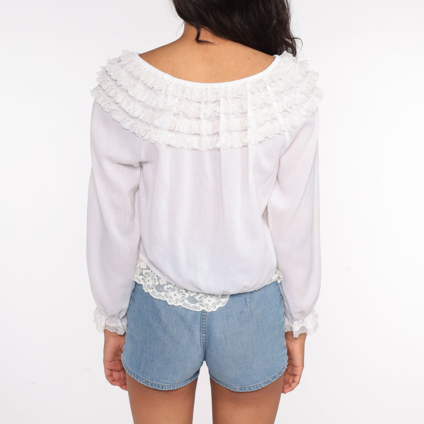 70s White Peasant Blouse Lace Trim Puff Sleeve Crop Top Small Medium