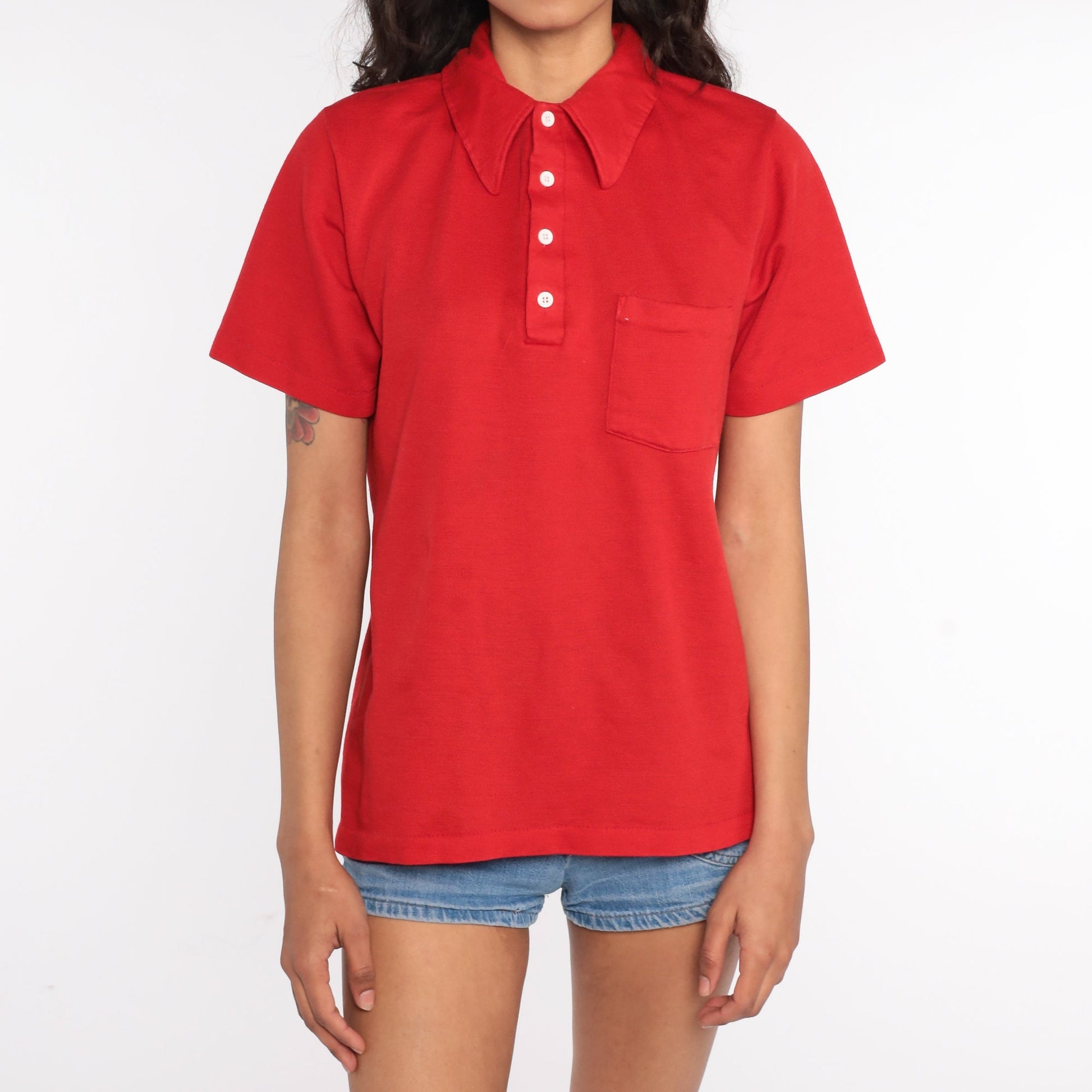 70s Red Polo Shirt Half Button Up Collared Short Sleeve Medium Large