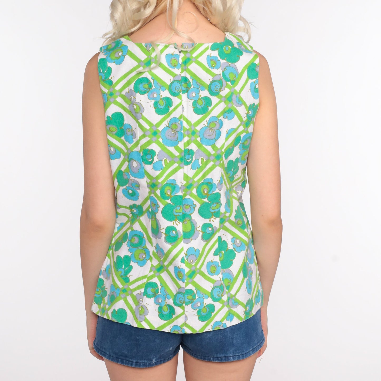 70s Psychedelic Floral Tank Top Blue Green Sleeveless Blouse Small