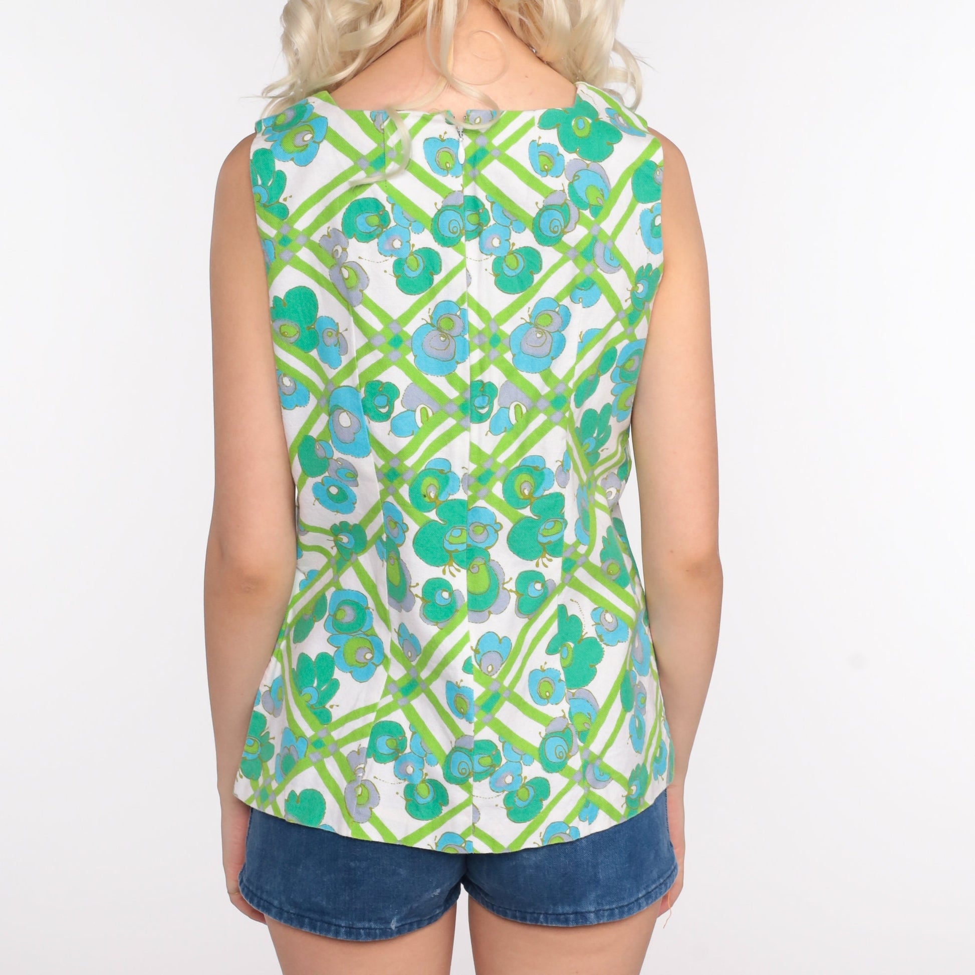70s Psychedelic Floral Tank Top Blue Green Sleeveless Blouse Small