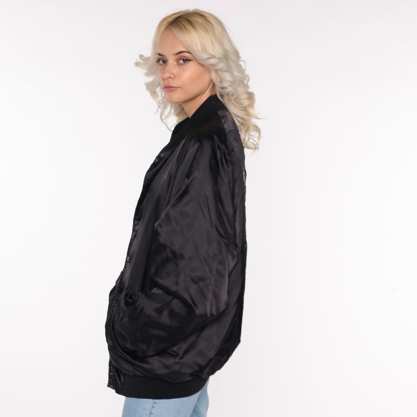80s DKN Dance Black Bomber Jacket Satin Windbreaker Extra Large XL