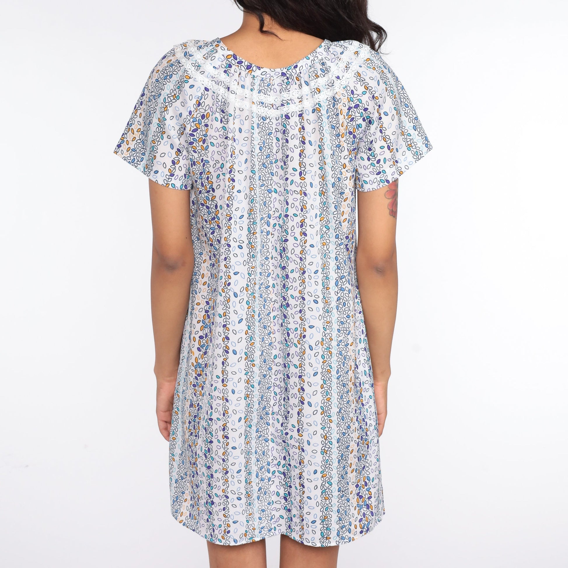 1970s Leaf Print Tent Dress White Purple Mini Short Sleeve Medium