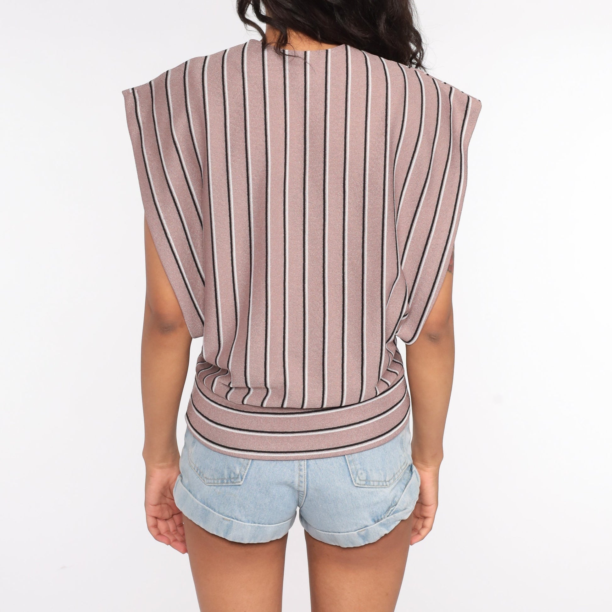 70s Taupe Striped Knit Tank Top Deep V Neck Sleeveless Plunge Small Medium Large