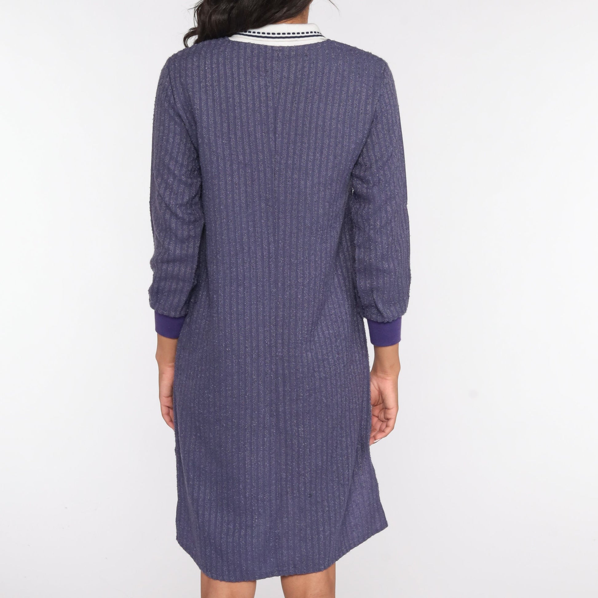 80s Purple Terry Cloth Polo Dress Knee-Length White Collar Small