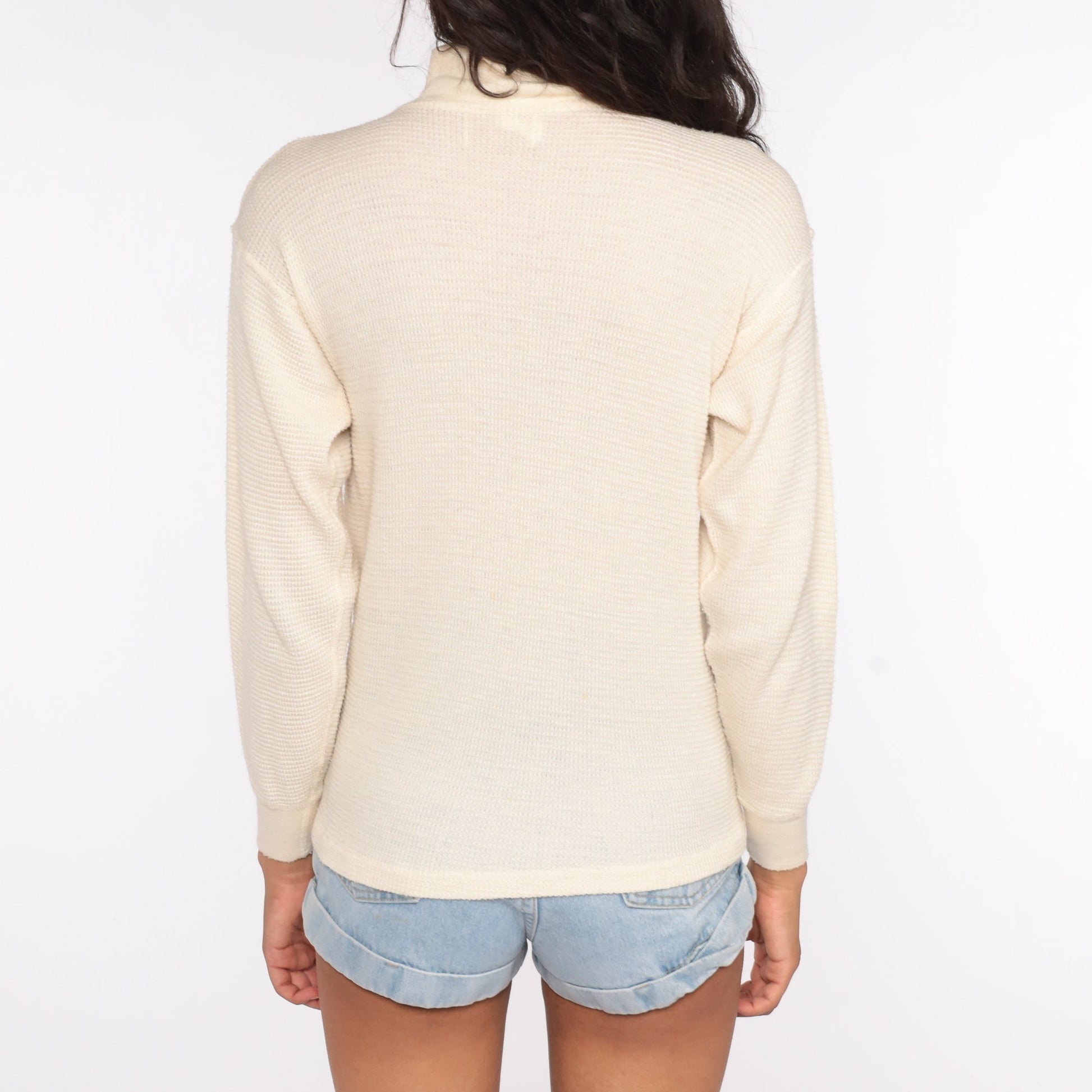 80s Cream Thermal Waffle Knit Long Sleeve Shirt Medium Large