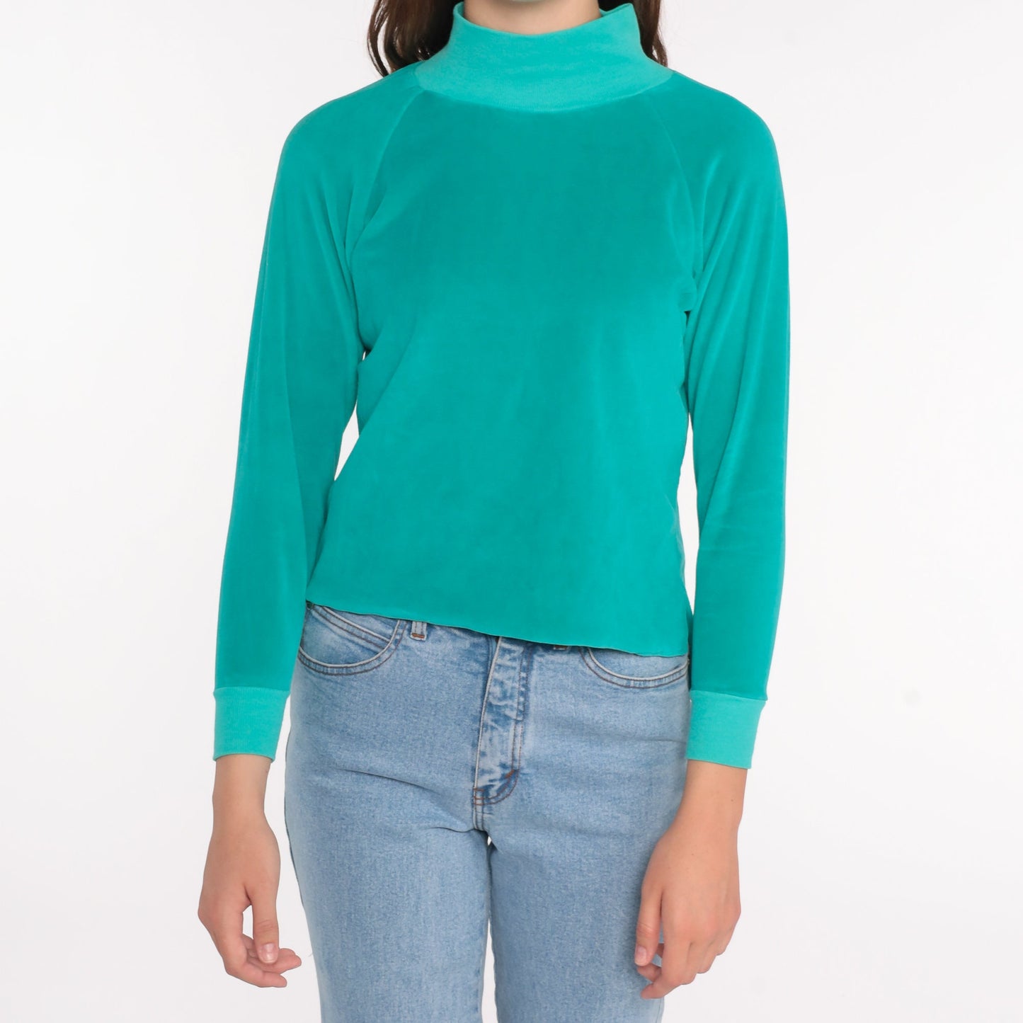 80s Teal Velour Mock Neck Long Sleeve Shirt Small