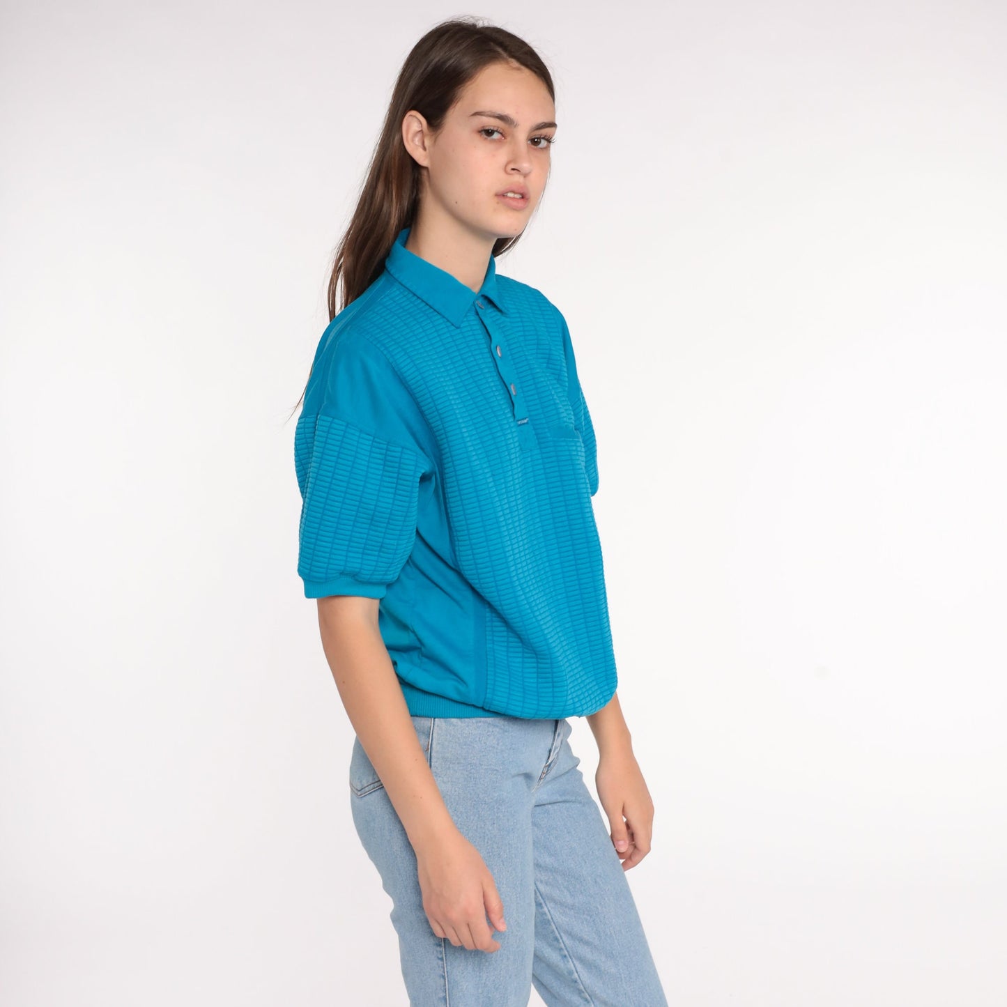 80s Blue Polo Shirt Short Sleeve Button Neck Vintage Top Large