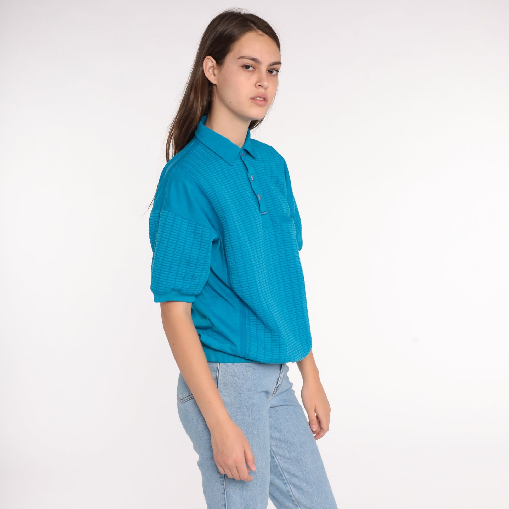 80s Blue Polo Shirt Short Sleeve Button Neck Vintage Top Large