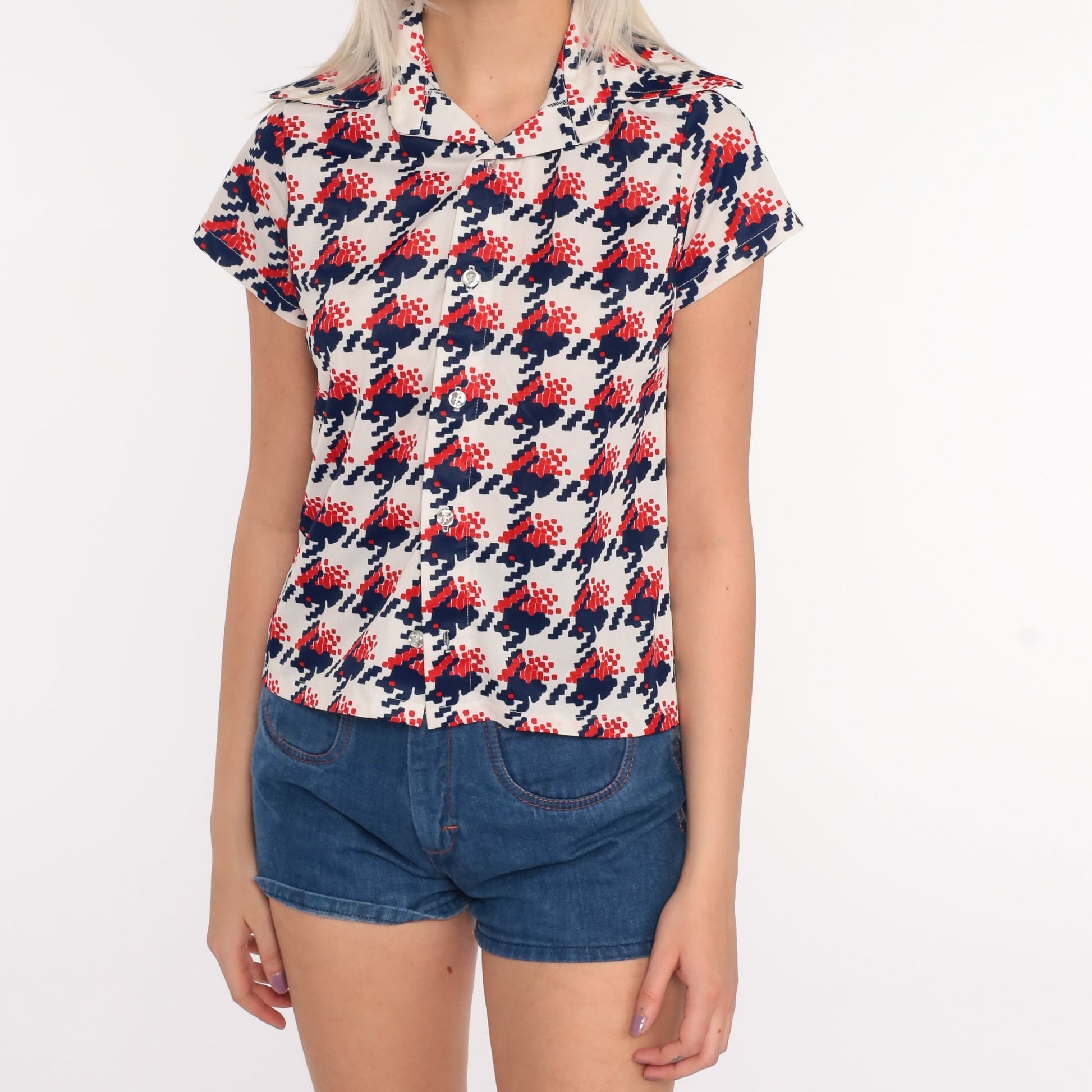 70s Geometric Print Button Up Shirt Brown Red White Blue Small