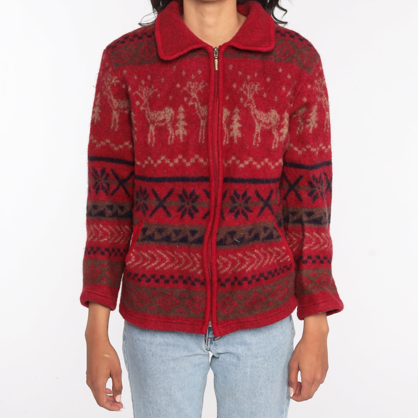 90s Venezia Wool Nordic Reindeer Zip Jacket Red Fair Isle Large L