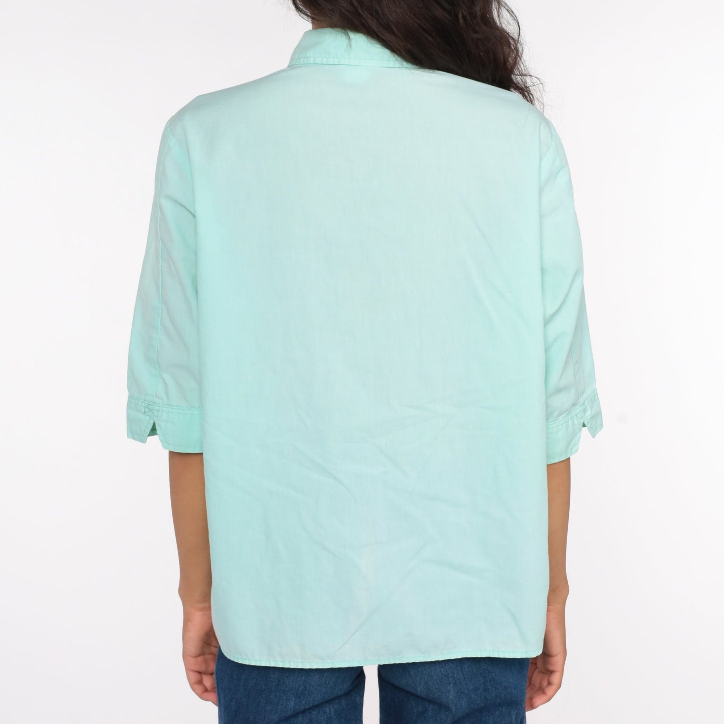 80s Aqua Blue Cotton Button-Up Blouse 3/4 Sleeve Collared Shirt Large