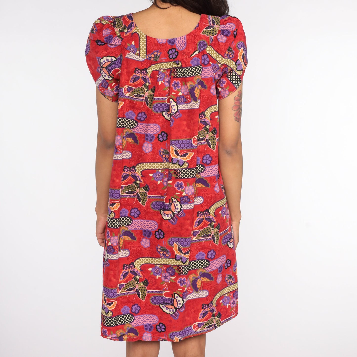80s Butterfly Psychedelic Mini Dress Puff Sleeve Cotton Red Small