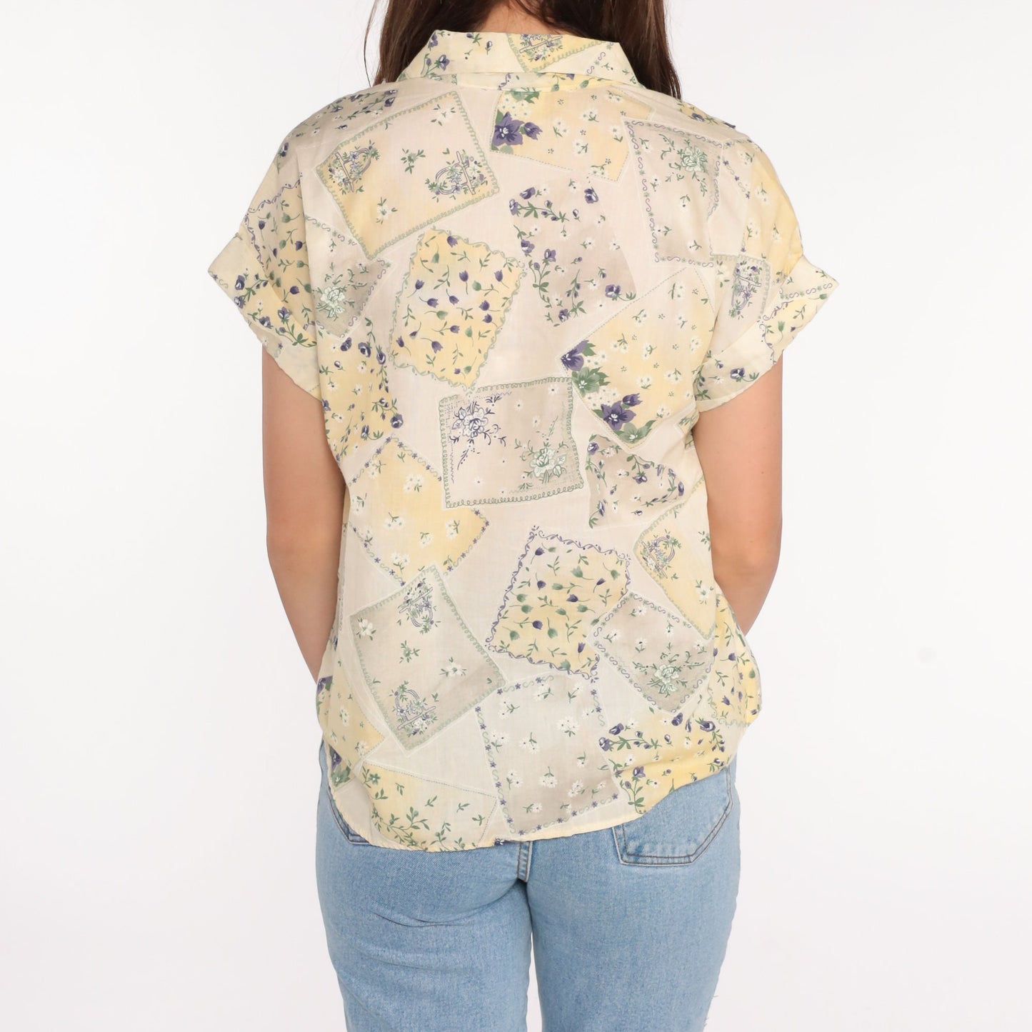 80s Tap & Co Floral Button-Up Blouse Yellow Cap Sleeve Medium