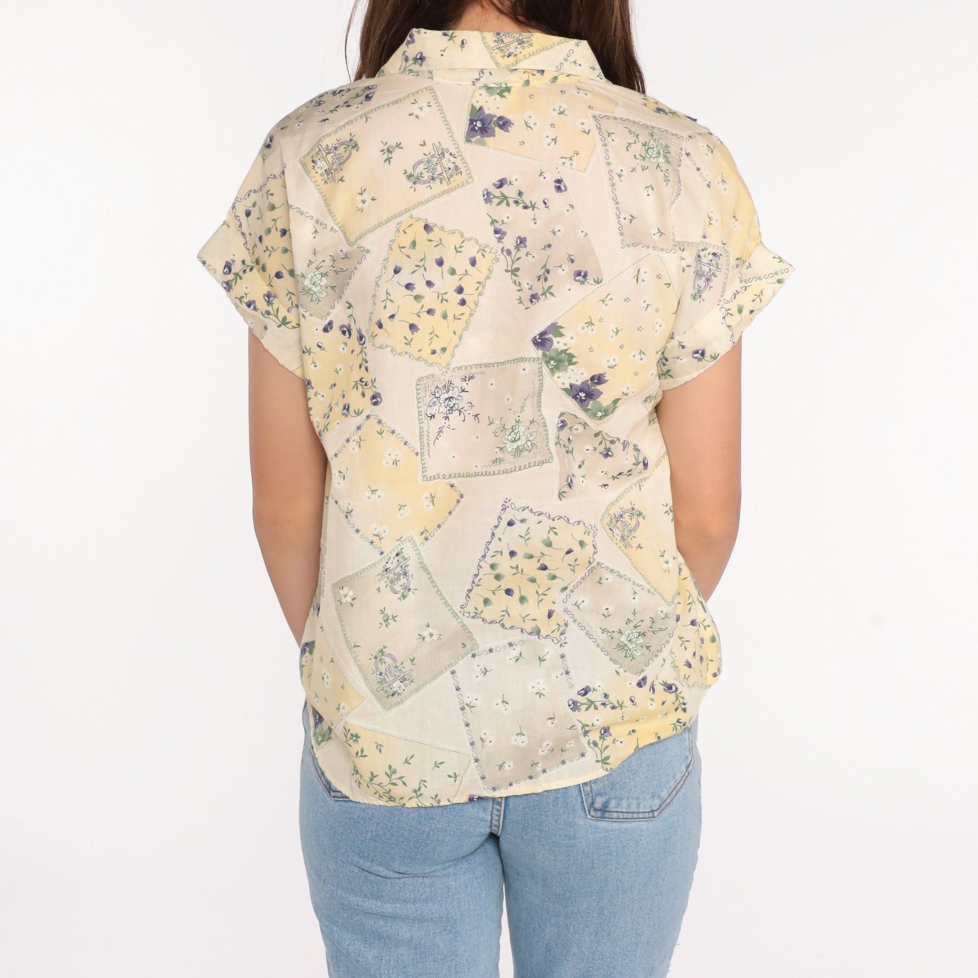 80s Tap & Co Floral Button-Up Blouse Yellow Cap Sleeve Medium