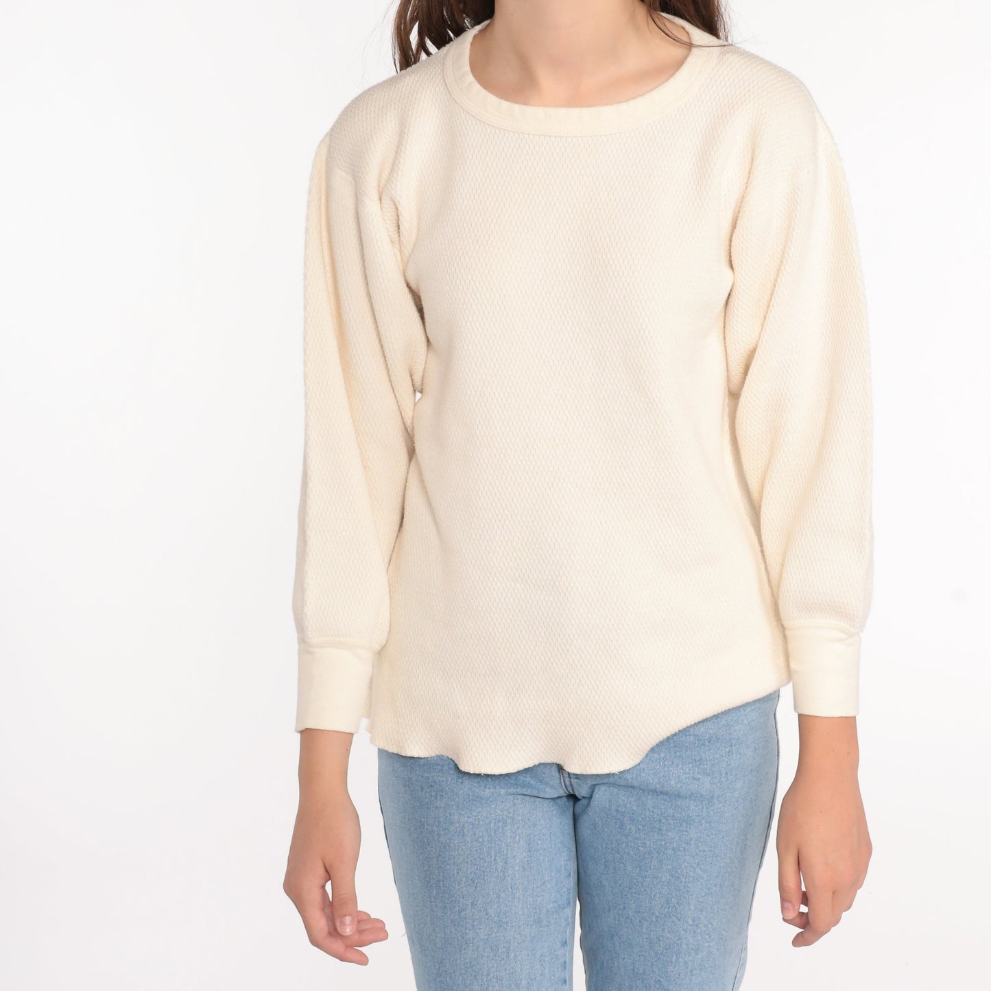 70s Cream Thermal Waffle Knit Long Sleeve Shirt Medium