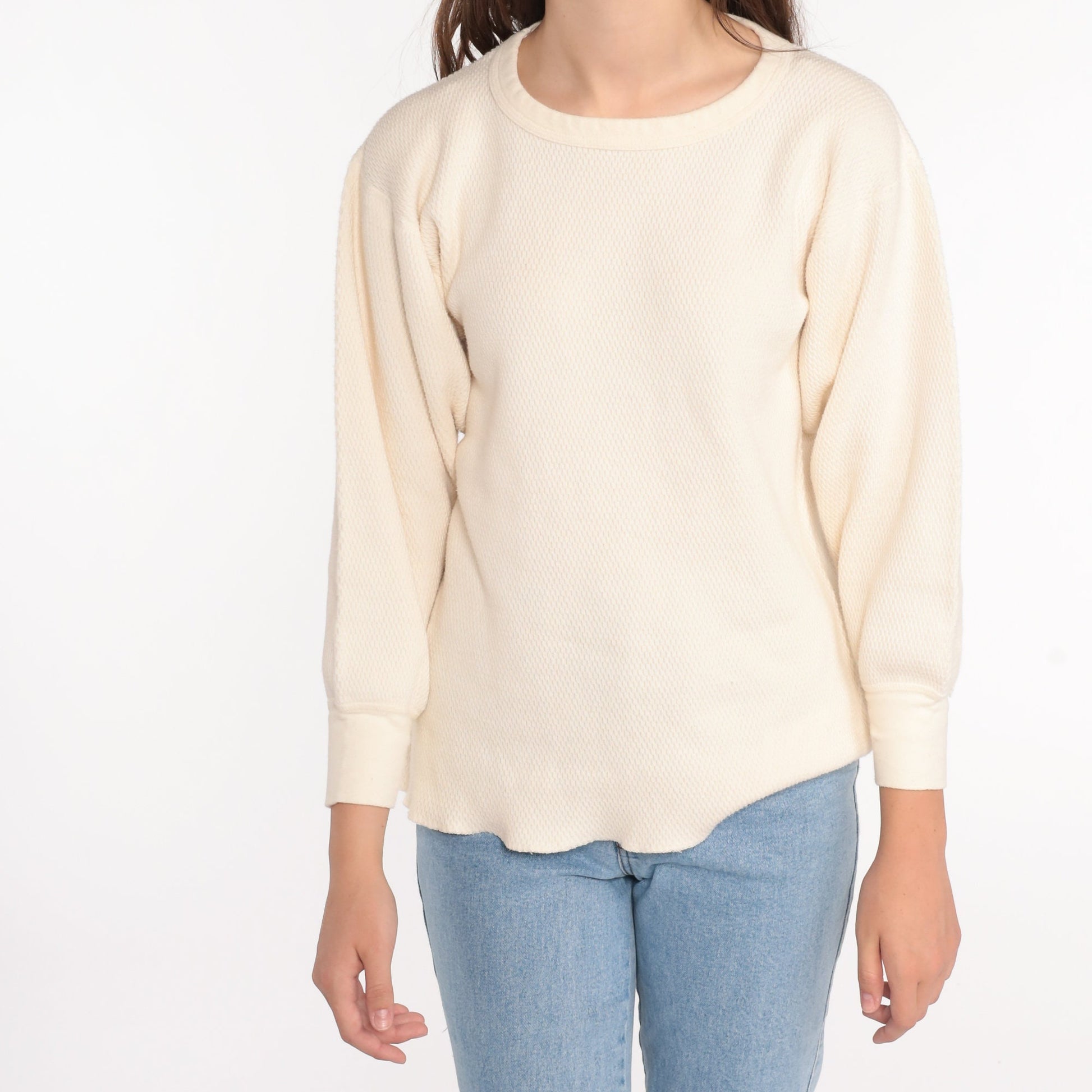 70s Cream Thermal Waffle Knit Long Sleeve Shirt Medium
