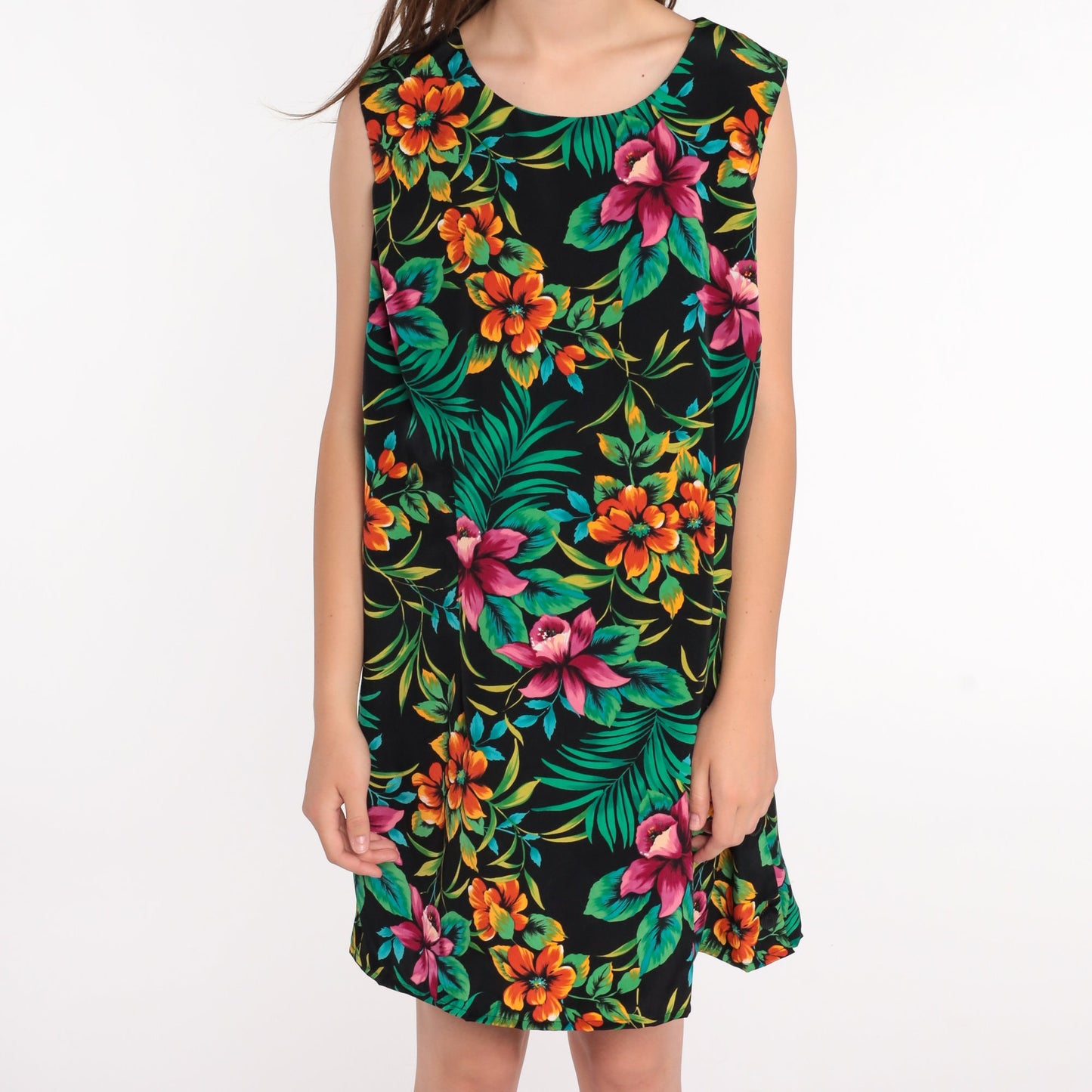 90s Floral Tropical Mini Dress Shift Sleeveless Hawaiian Print Plus Size XXL