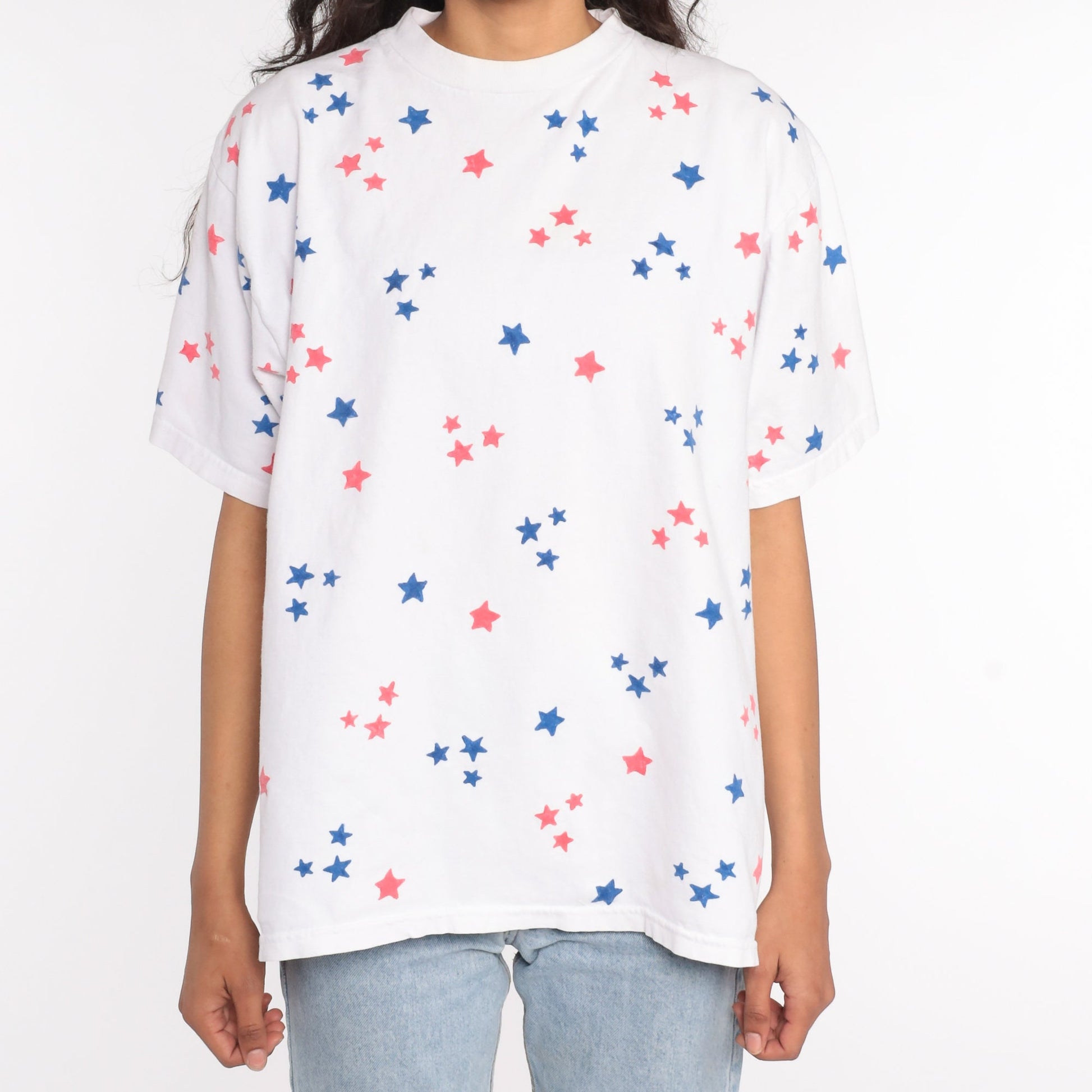 80s Star Print T-Shirt Red White Blue Geometric All Over Graphic Cotton Large