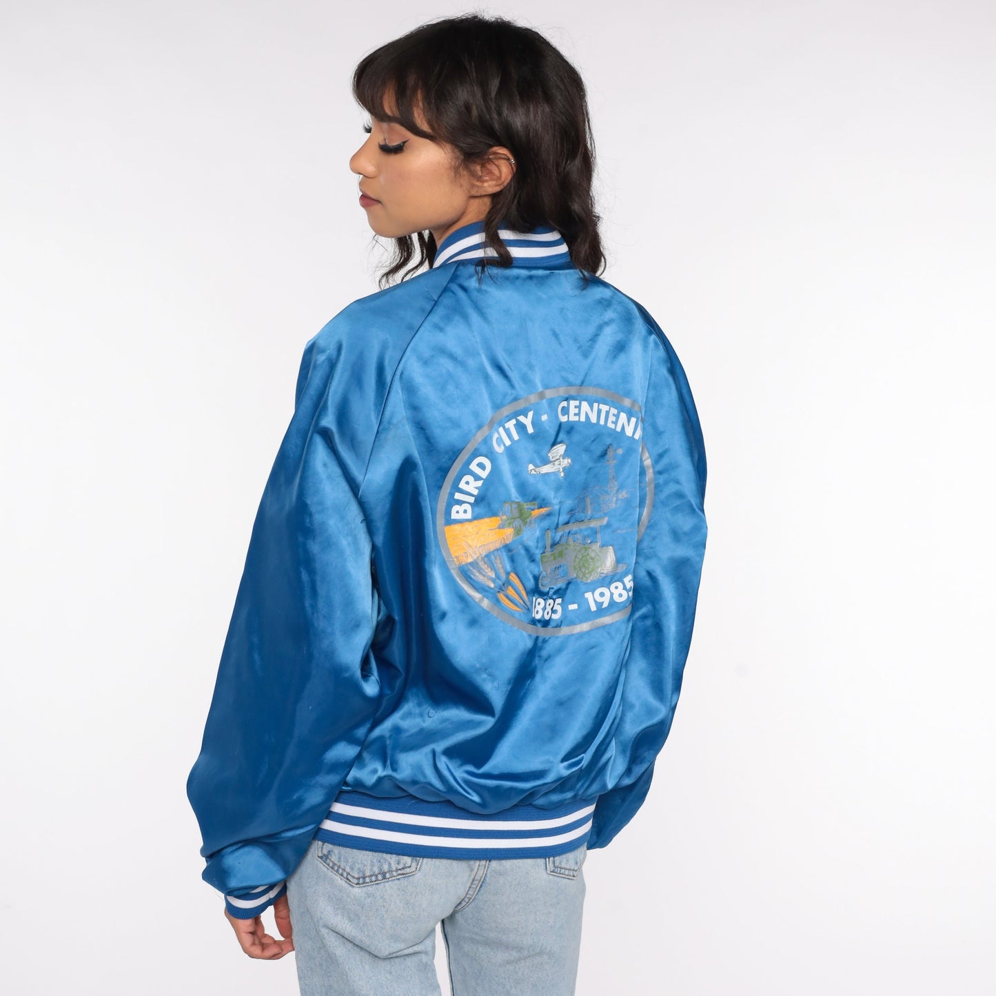 80s Bird City Kansas Satin Bomber Jacket Blue Snap Centennial XXL