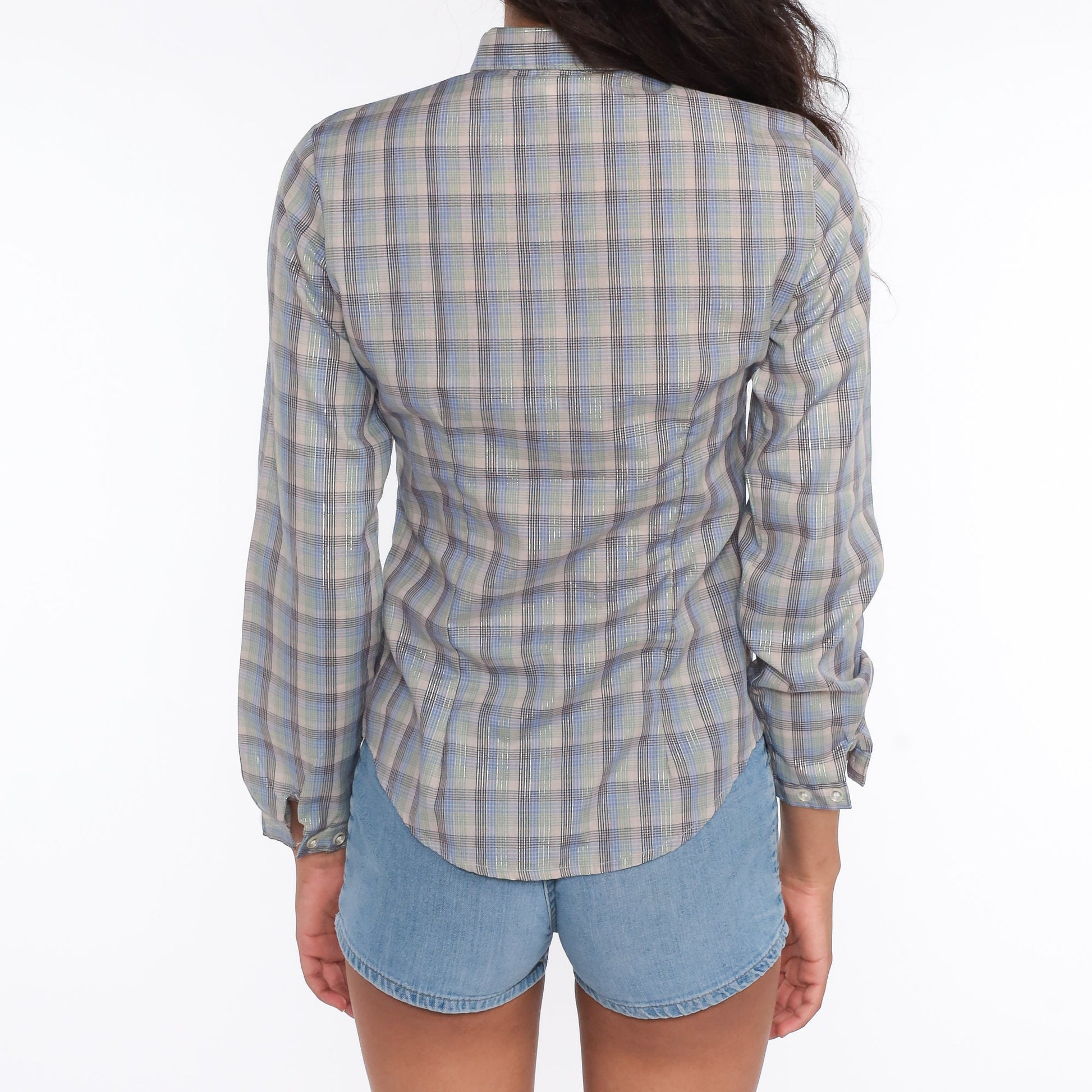80s Plaid Blouse Metallic Stripes Button Down Long Sleeve Taupe Green Blue Small S