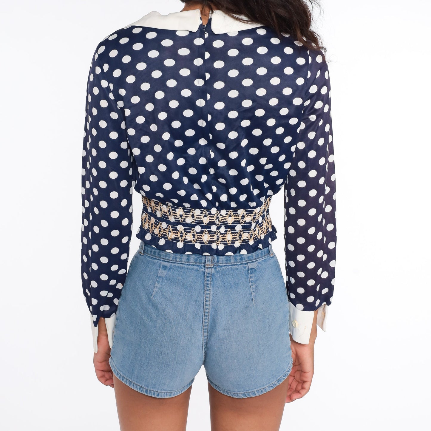 70s Blue Polka Dot Smocked Shirt Dagger Collar Long Sleeve Cropped Blouse Small