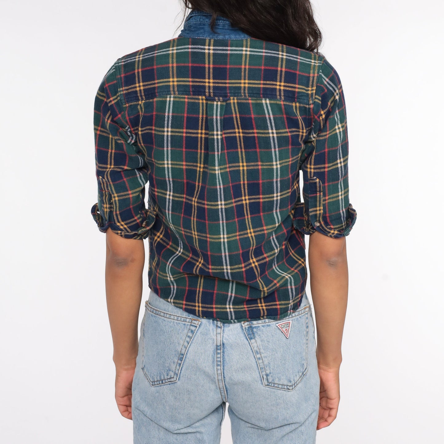 90s Plaid Flannel Shirt Denim Collar Blue Green Button Up Extra Small XS