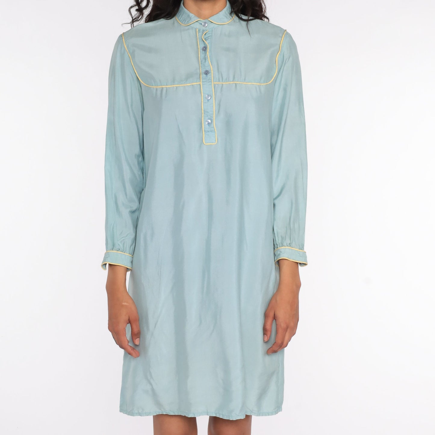 70s Blue Silk Mini Dress Peter Pan Collar Shift Long Sleeve Small