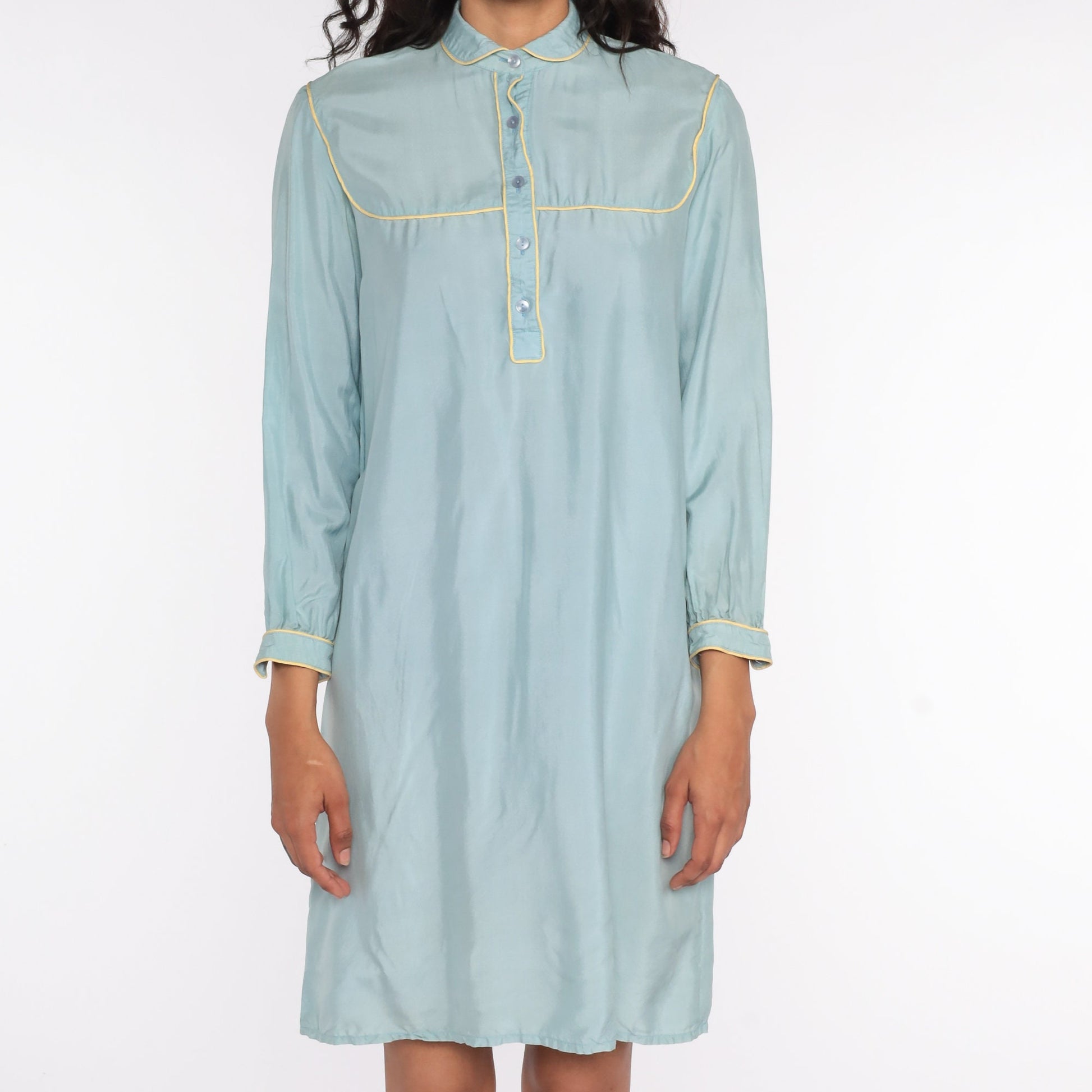 70s Blue Silk Mini Dress Peter Pan Collar Shift Long Sleeve Small
