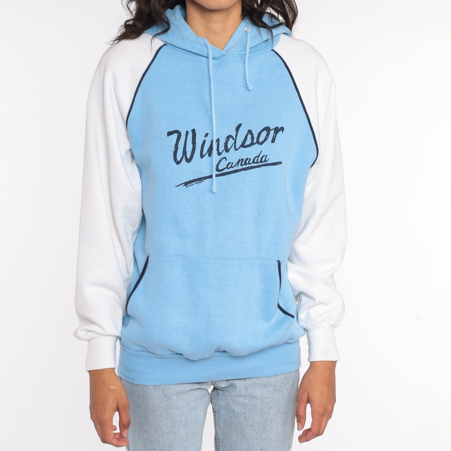 80s Windsor Ontario Canada Hoodie Sweatshirt Baby Blue Graphic Small