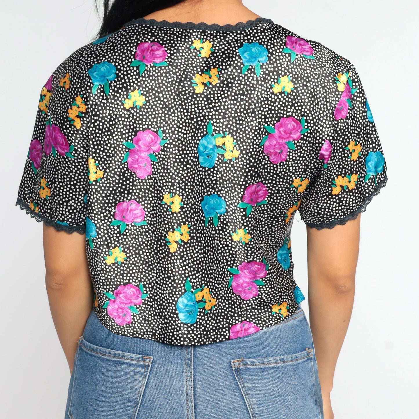 90s Black Floral Polka Dot Blouse Lace Trim V-Neck Short Sleeve Medium Large