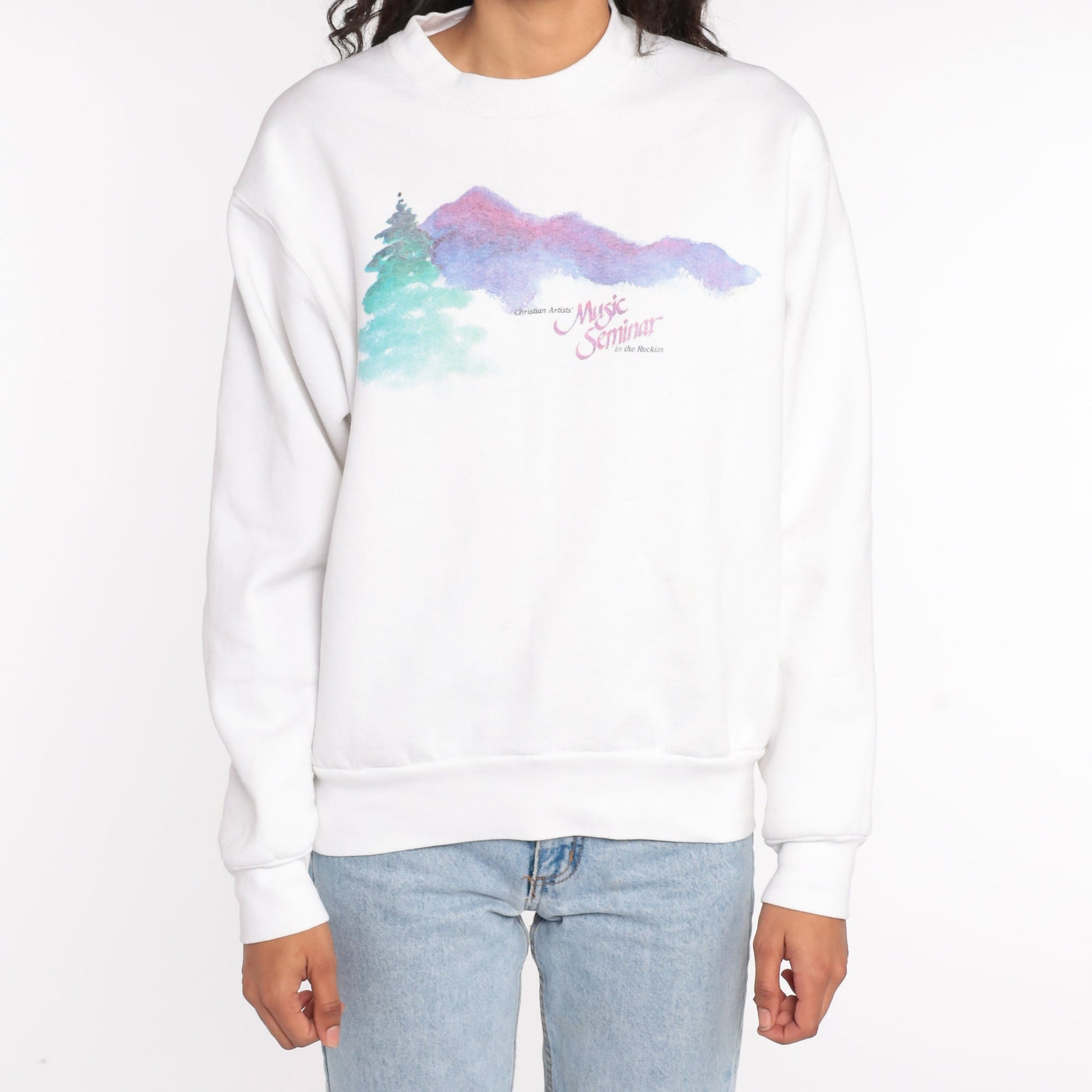 90s Christian Artists Music Seminar Rockies Sweatshirt White Graphic Pullover Medium