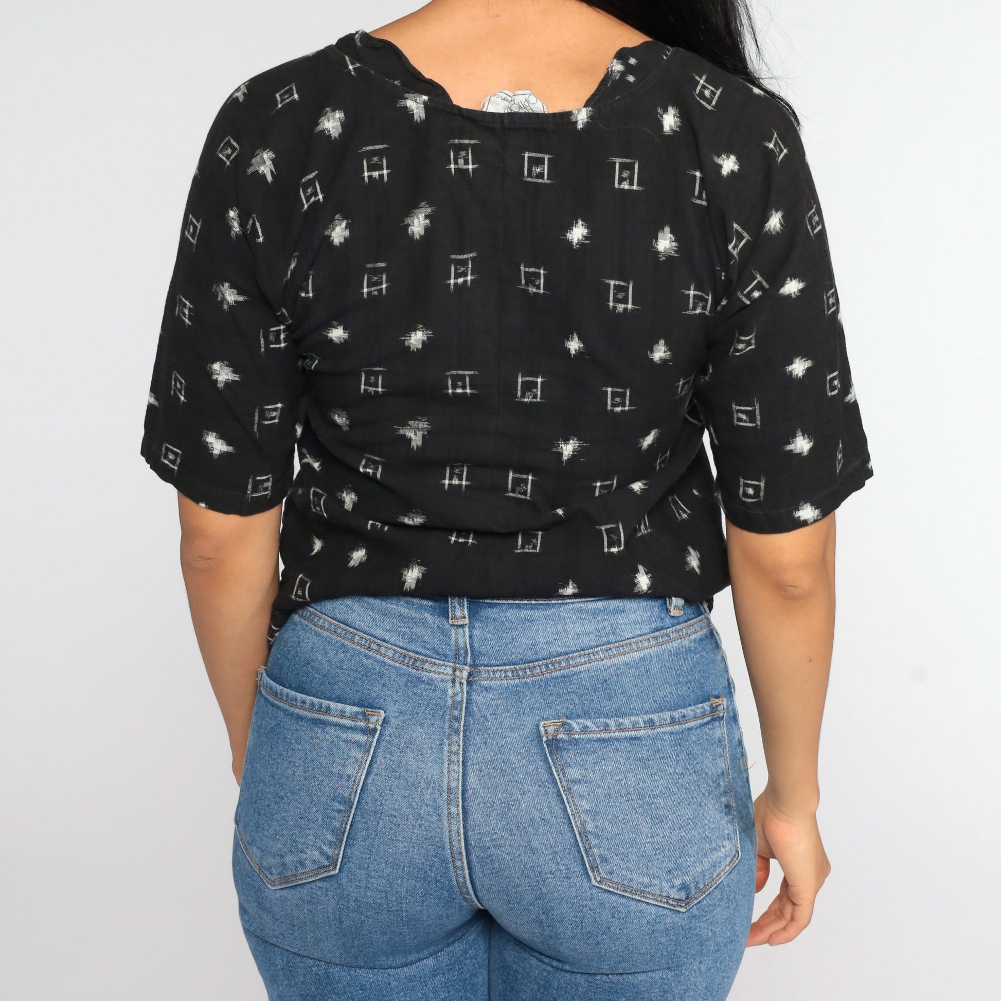 90s Geometric Black Blouse Keyhole Cutout Short Sleeve Small S