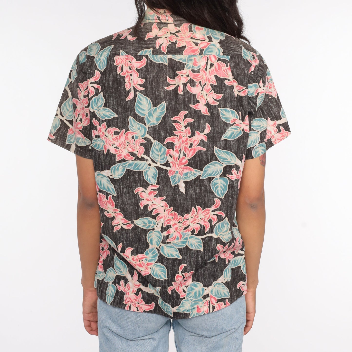 80s Cooke Street Hawaiian Shirt Tropical Floral Black Button Up Small