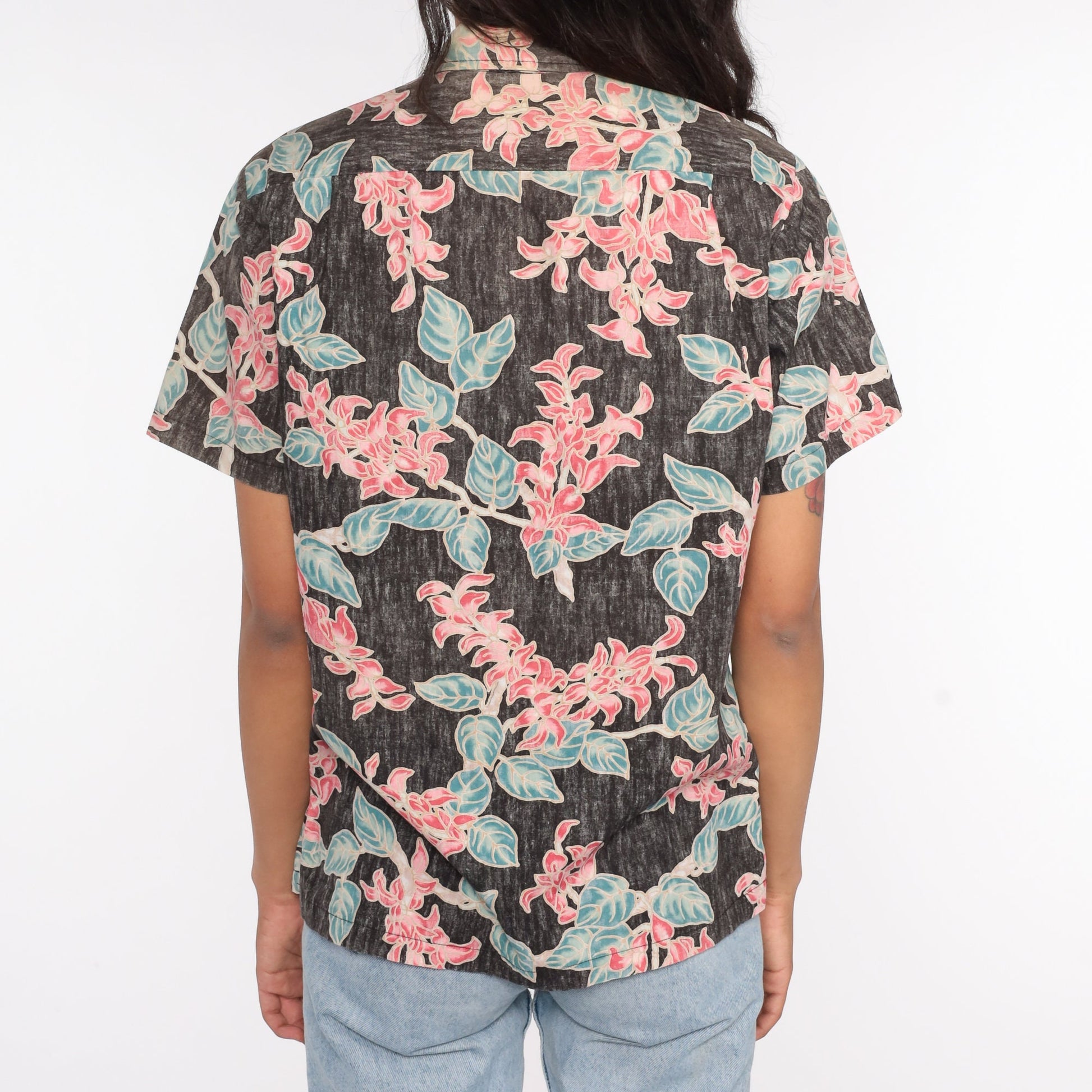 80s Cooke Street Hawaiian Shirt Tropical Floral Black Button Up Small