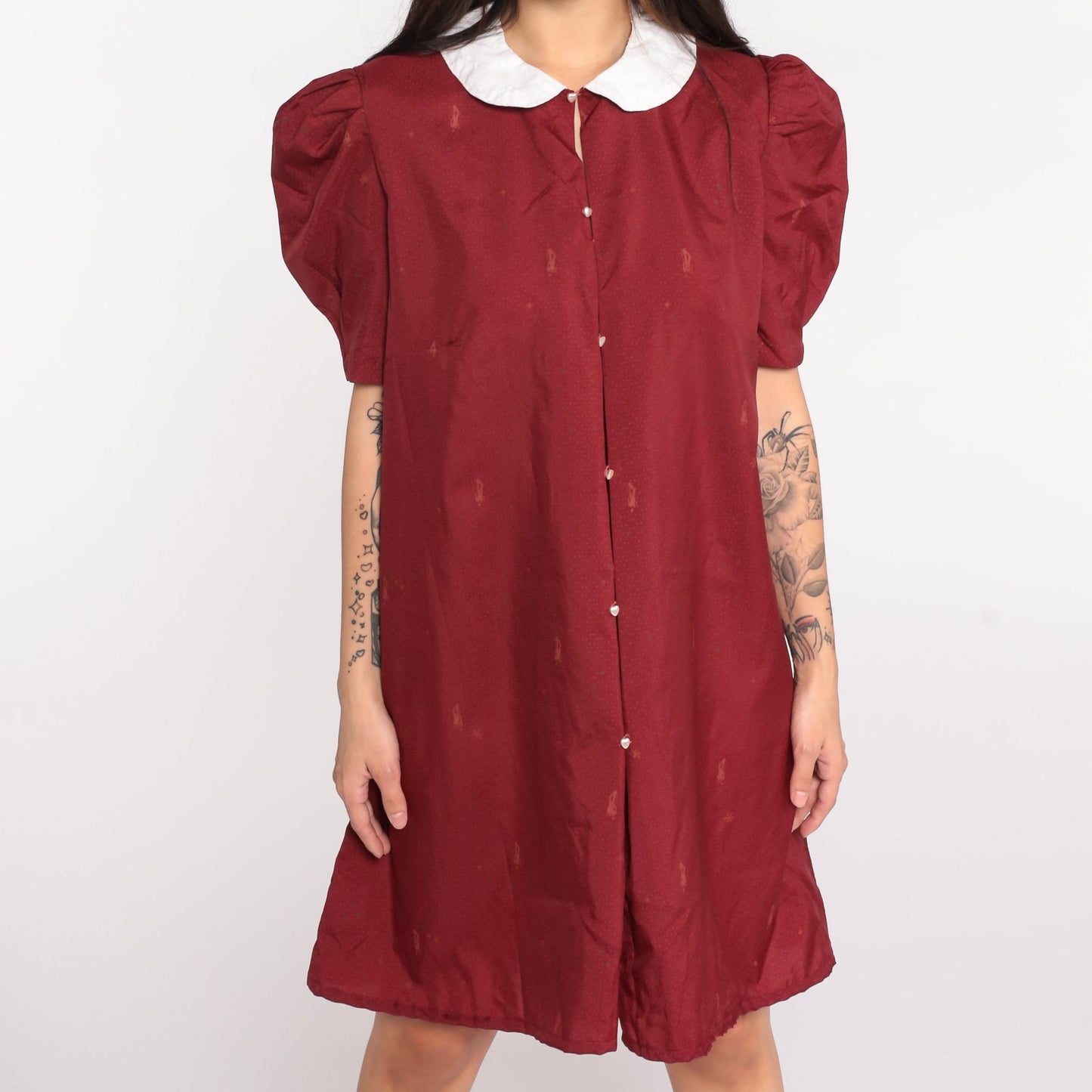 70s Novelty Print Shift Dress Dapper Man Peter Pan Collar Puff Sleeve Mini Burgundy Medium