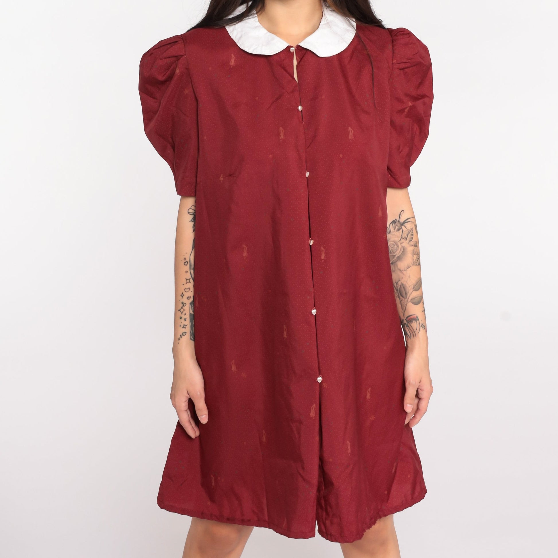 70s Novelty Print Shift Dress Dapper Man Peter Pan Collar Puff Sleeve Mini Burgundy Medium