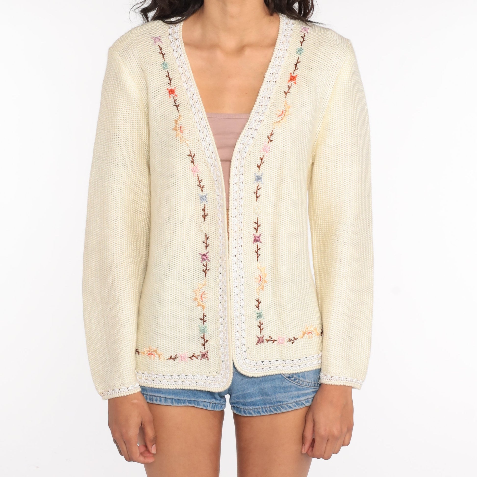 70s Floral Embroidered Cardigan Cream Knit Sweater Small Medium