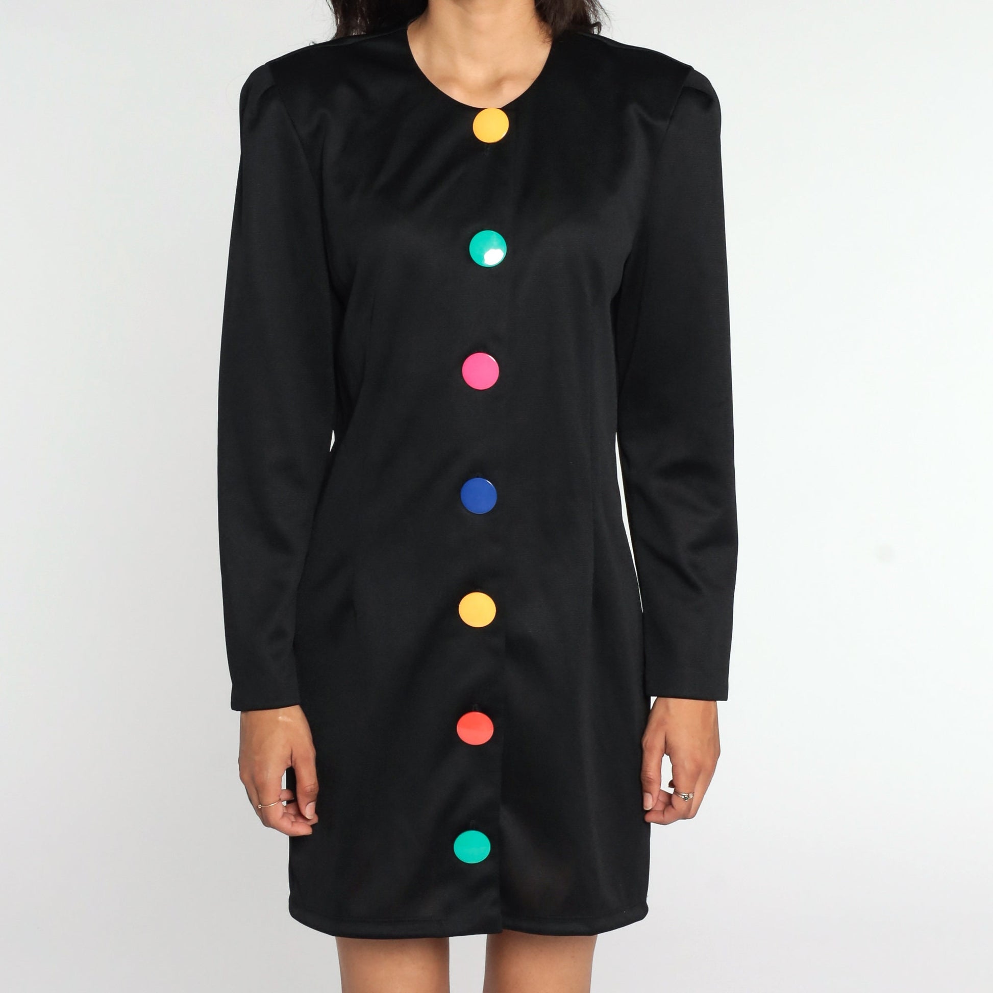80s Black Mini Dress Rainbow Button Up Long Sleeve Sheath Large 12