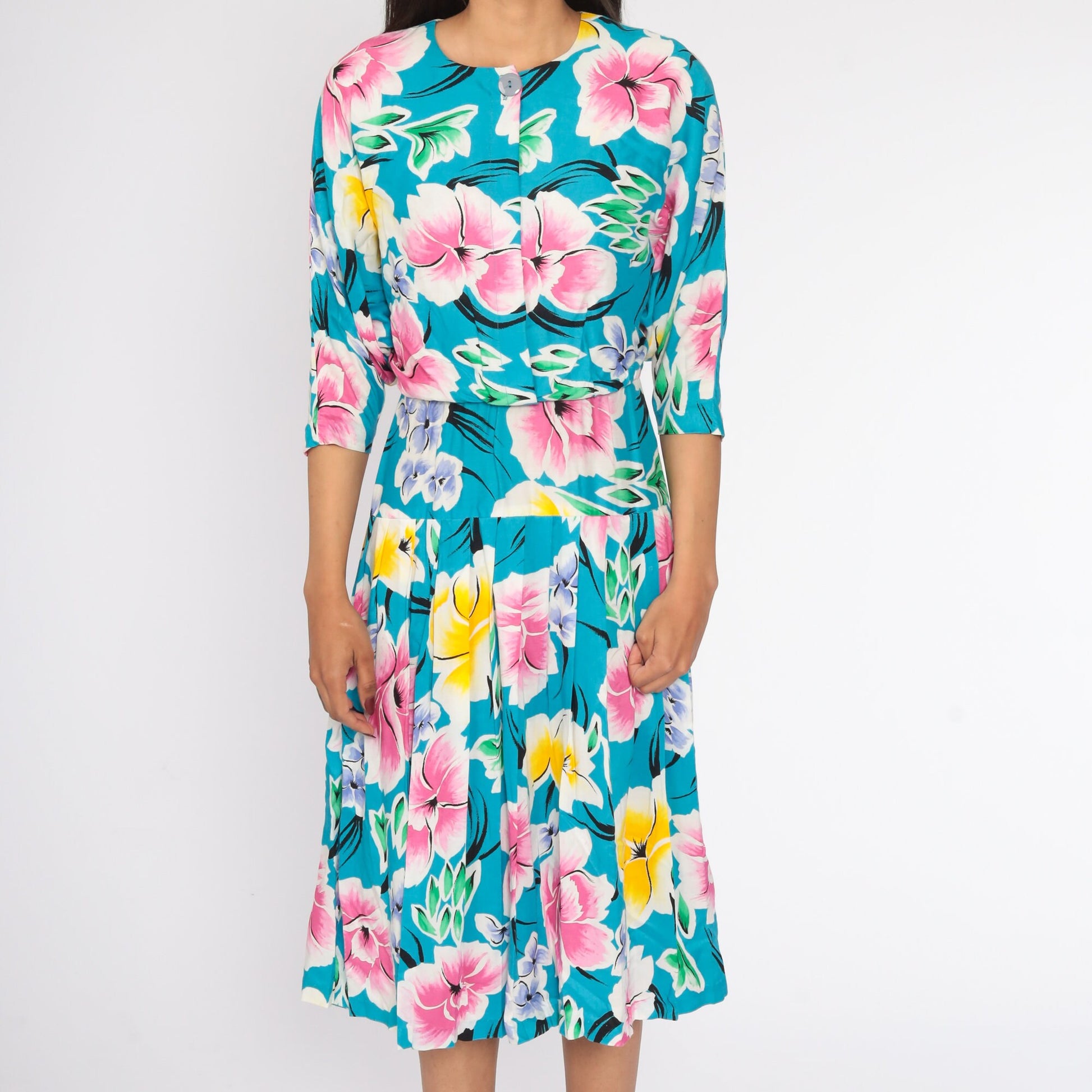 80s Floral Midi Dress Turquoise Drop Waist Button Up 3/4 Sleeve Small