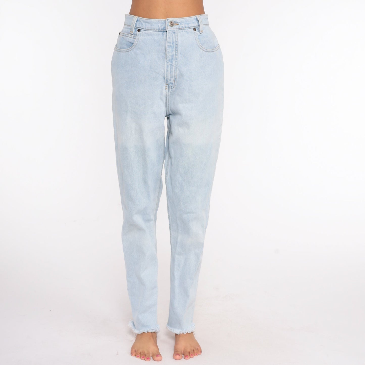 90s High Waisted Blue Denim Jeans Tapered Ankle Raw Hem Small 27