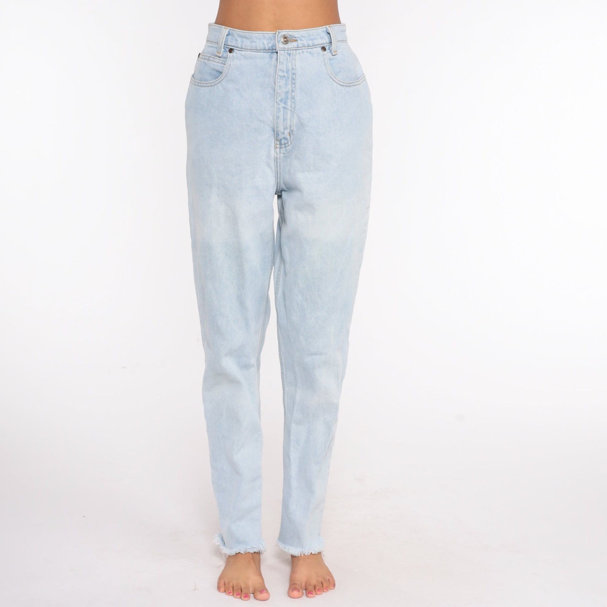 90s High Waisted Blue Denim Jeans Tapered Ankle Raw Hem Small 27