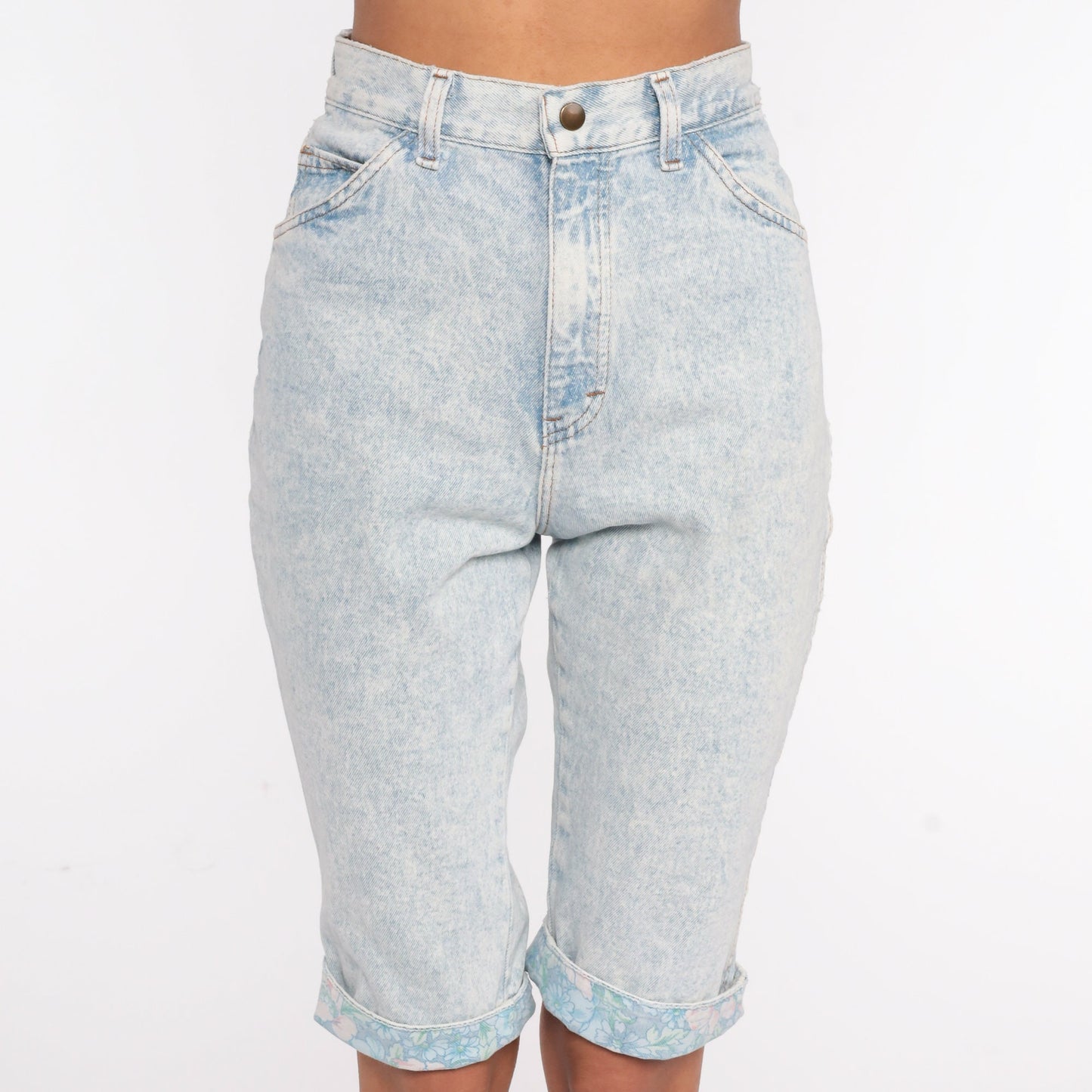 90s Acid Wash Denim Shorts Floral Cuff High Waist Bermuda Light Blue Extra Small