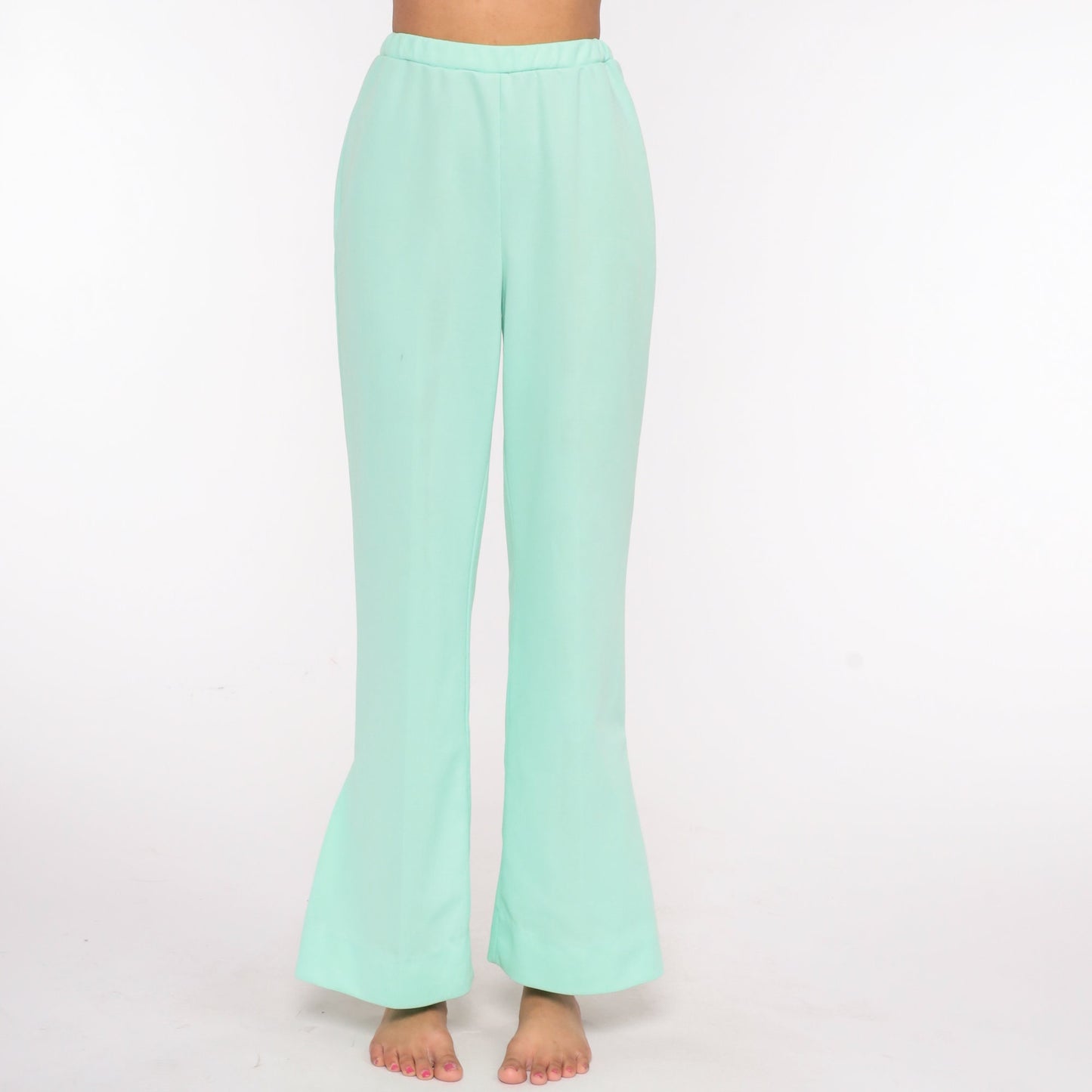 70s Mint Green Floral Bell Bottom Trousers High Waist Small