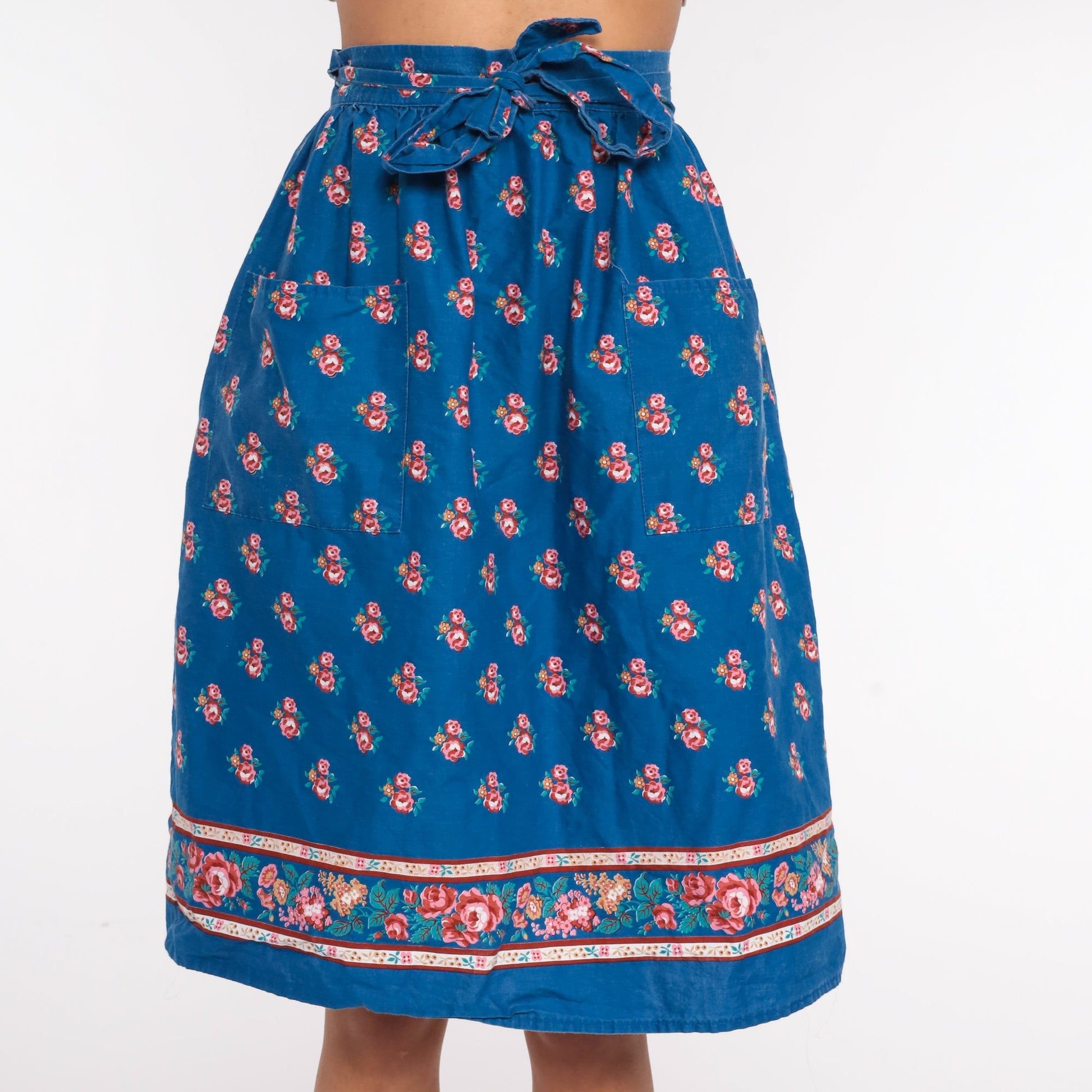 70s Floral Wrap Skirt Midi Blue Print Cotton High Waist Small Medium