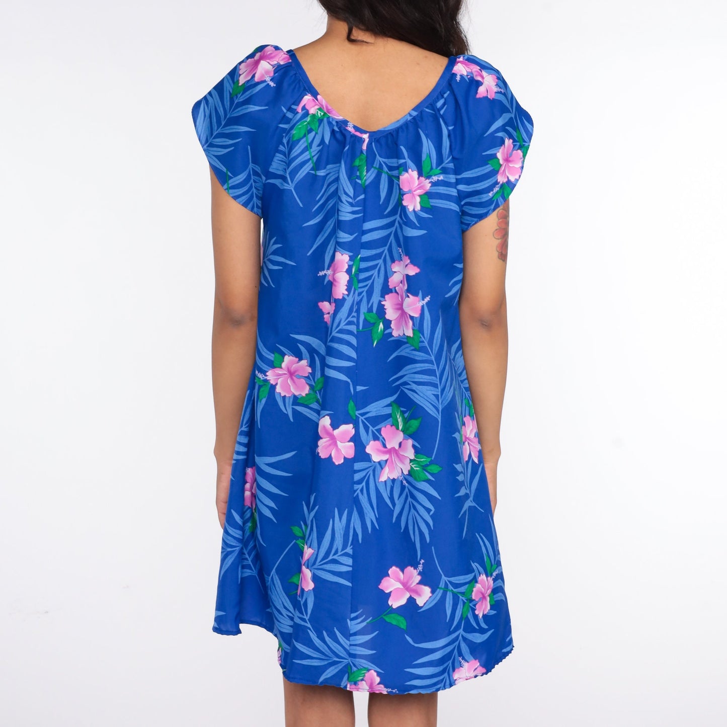 80s Hawaiian Floral Mini Dress Blue Puff Sleeve Shift Large